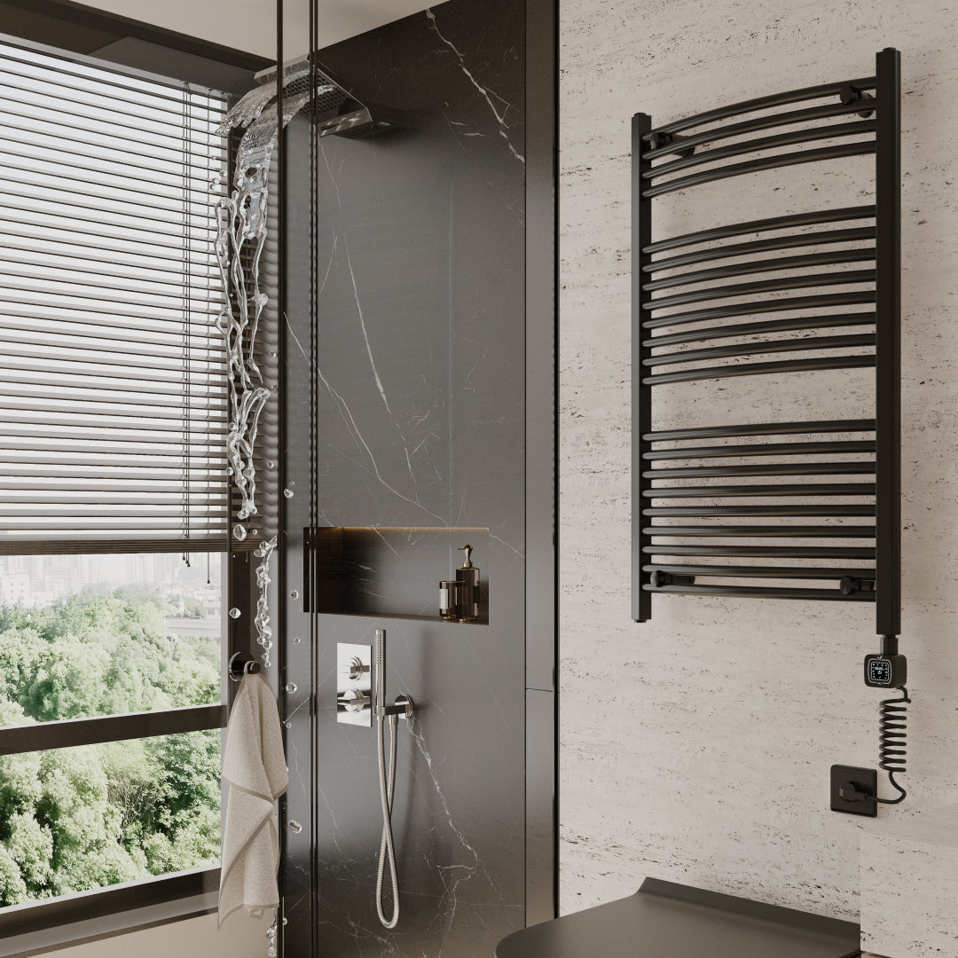 Towel Warmer Radiator 21 Curved Bars with Programmable Smart Control, 24"x40" Matte Black