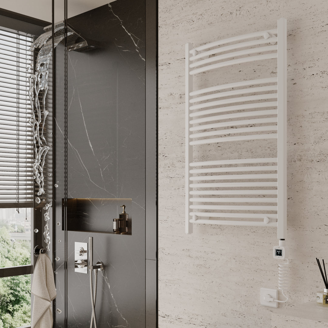 Towel Warmer Radiator 21 Curved Bars with Programmable Smart Control, 24"x40" Gloss White