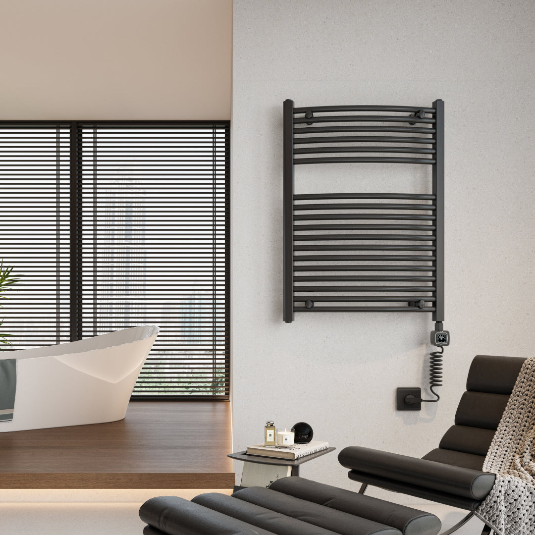 Towel Warmer Radiator 18 Curved Bars with Programmable Smart Control, 24"x32" Matte Black