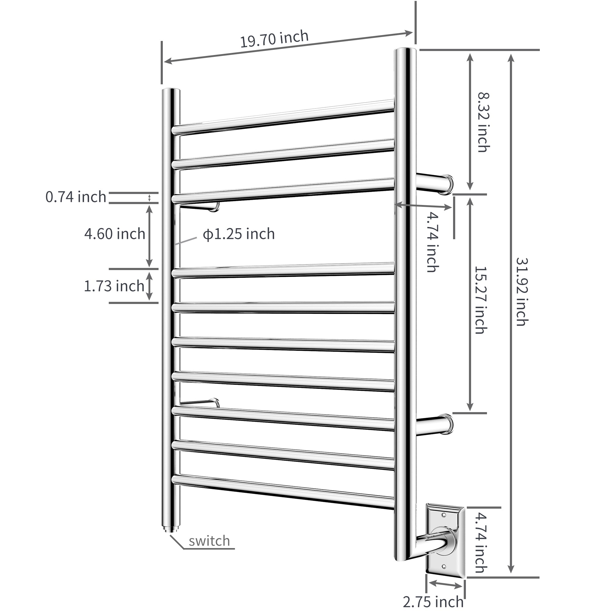 Towel Warmer 10 Straight Bar 20"x32" Wall-Mounted, Hard-Wired Mirror Polish