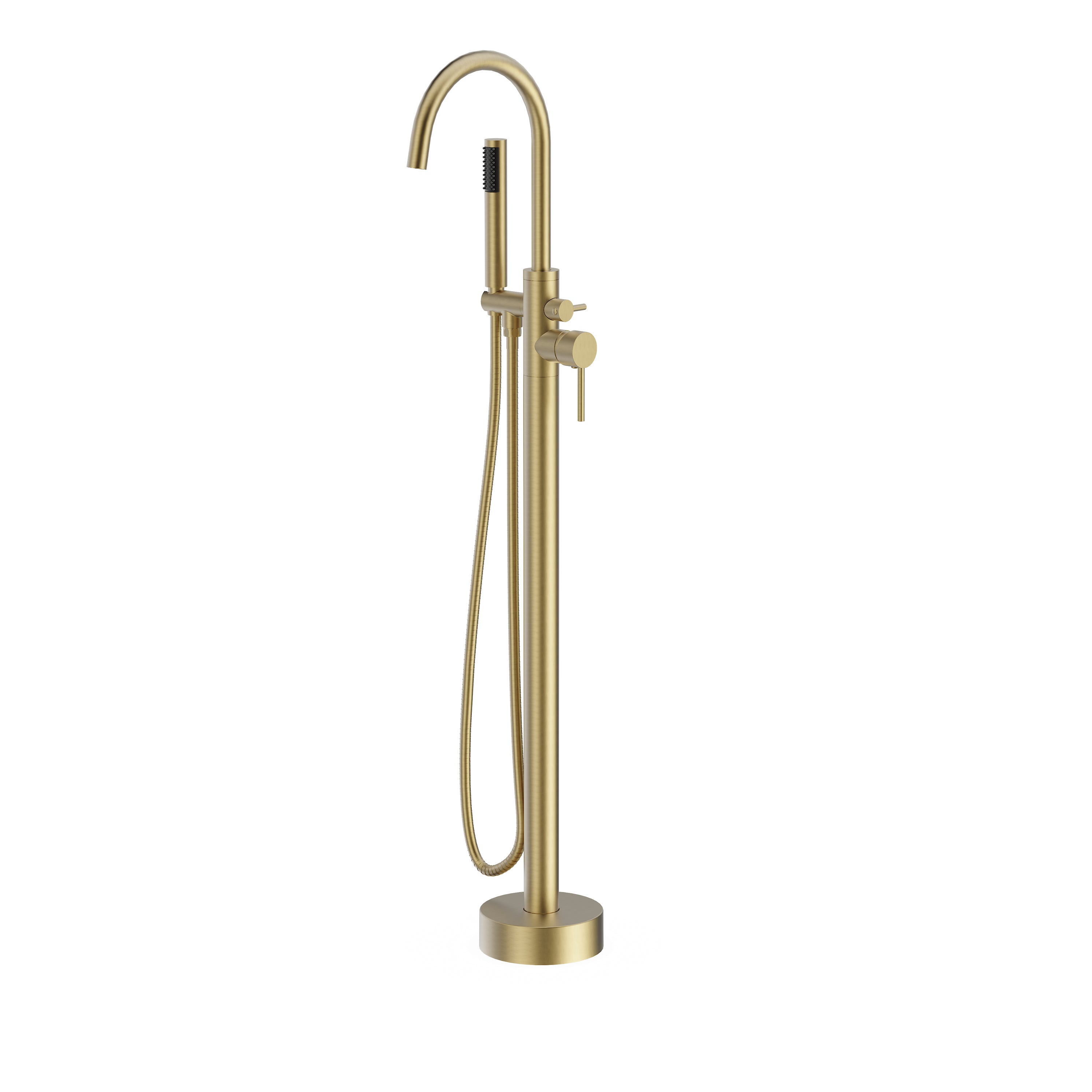 Freestanding Tub Filler with Handheld Shower, Floor Mount Bathtub Faucet, High Flow Tub Faucet with Swivel Gooseneck Spout, Modern Standing Tub Faucet, Brushed Gold