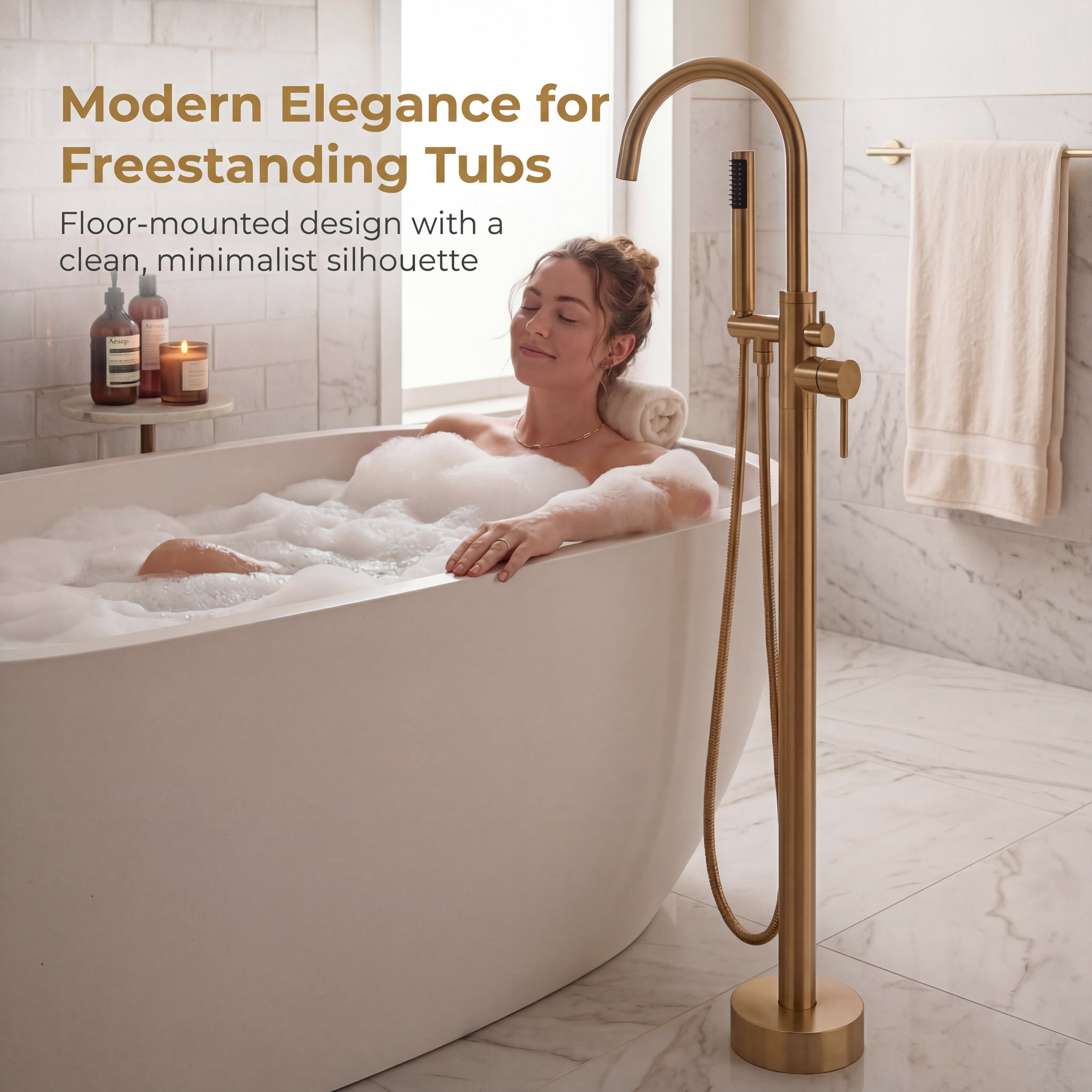 Freestanding Tub Filler with Handheld Shower, Floor Mount Bathtub Faucet, High Flow Tub Faucet with Swivel Gooseneck Spout, Modern Standing Tub Faucet, Brushed Gold