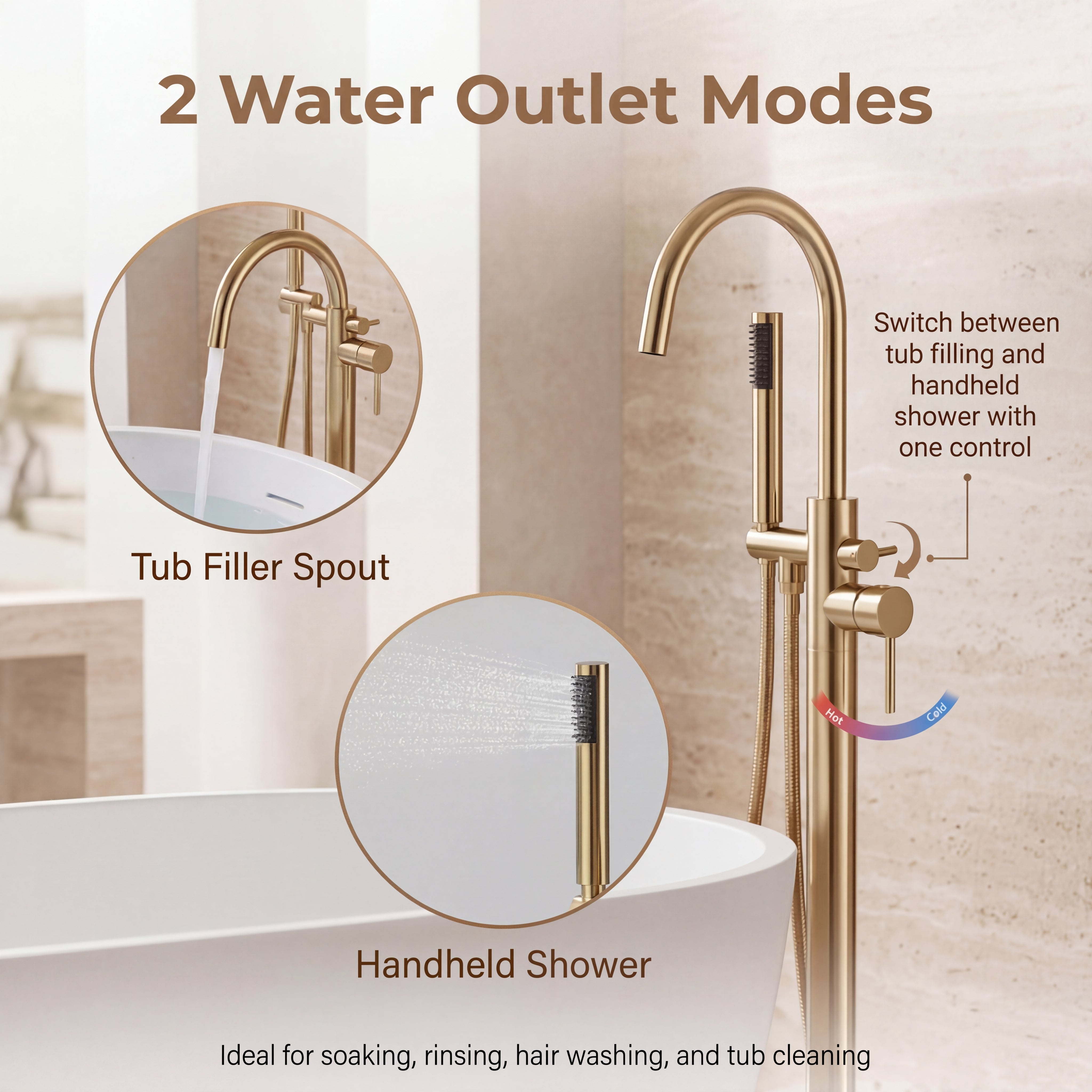 Freestanding Tub Filler with Handheld Shower, Floor Mount Bathtub Faucet, High Flow Tub Faucet with Swivel Gooseneck Spout, Modern Standing Tub Faucet, Brushed Gold