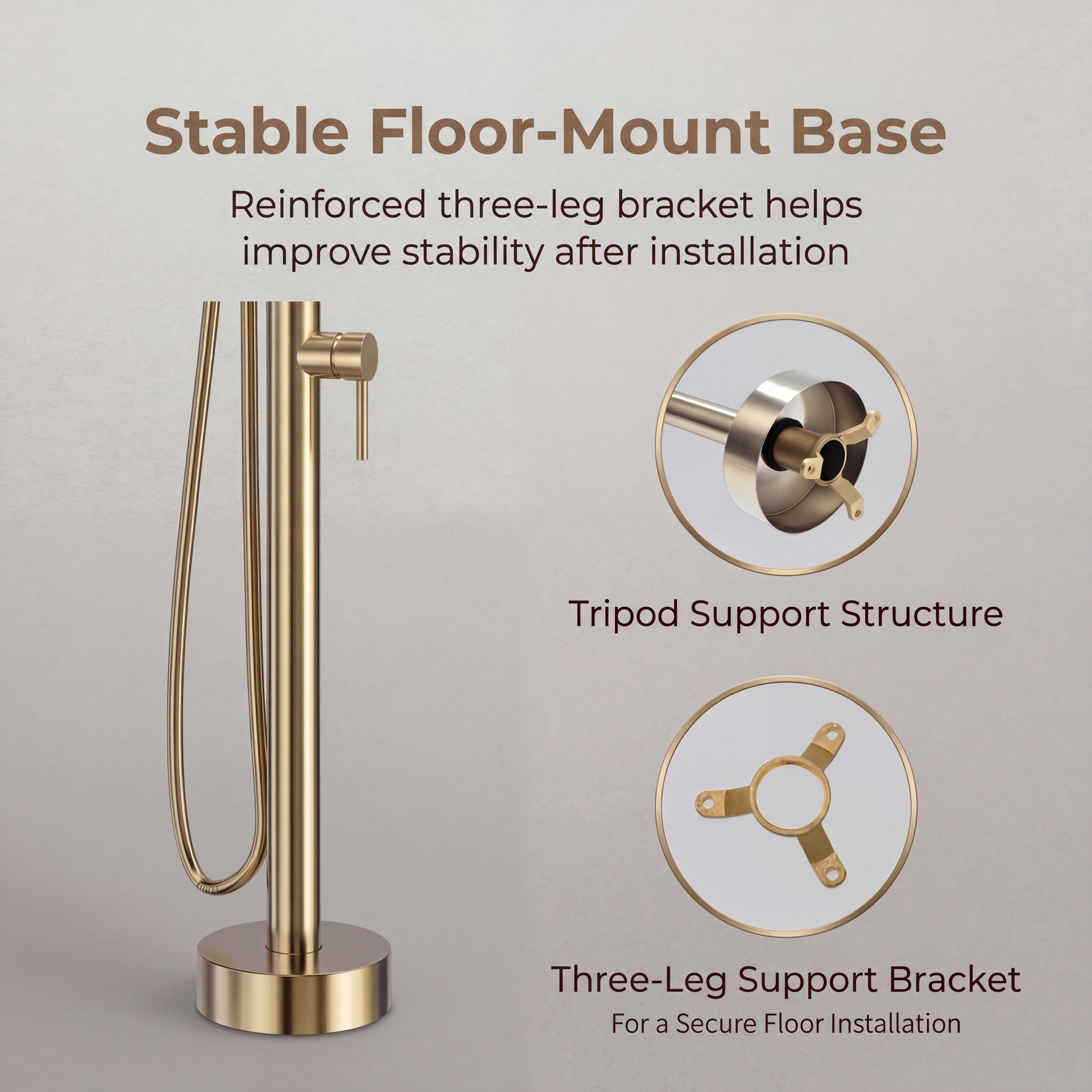 Freestanding Tub Filler with Handheld Shower, Floor Mount Bathtub Faucet, High Flow Tub Faucet with Swivel Gooseneck Spout, Modern Standing Tub Faucet, Brushed Gold
