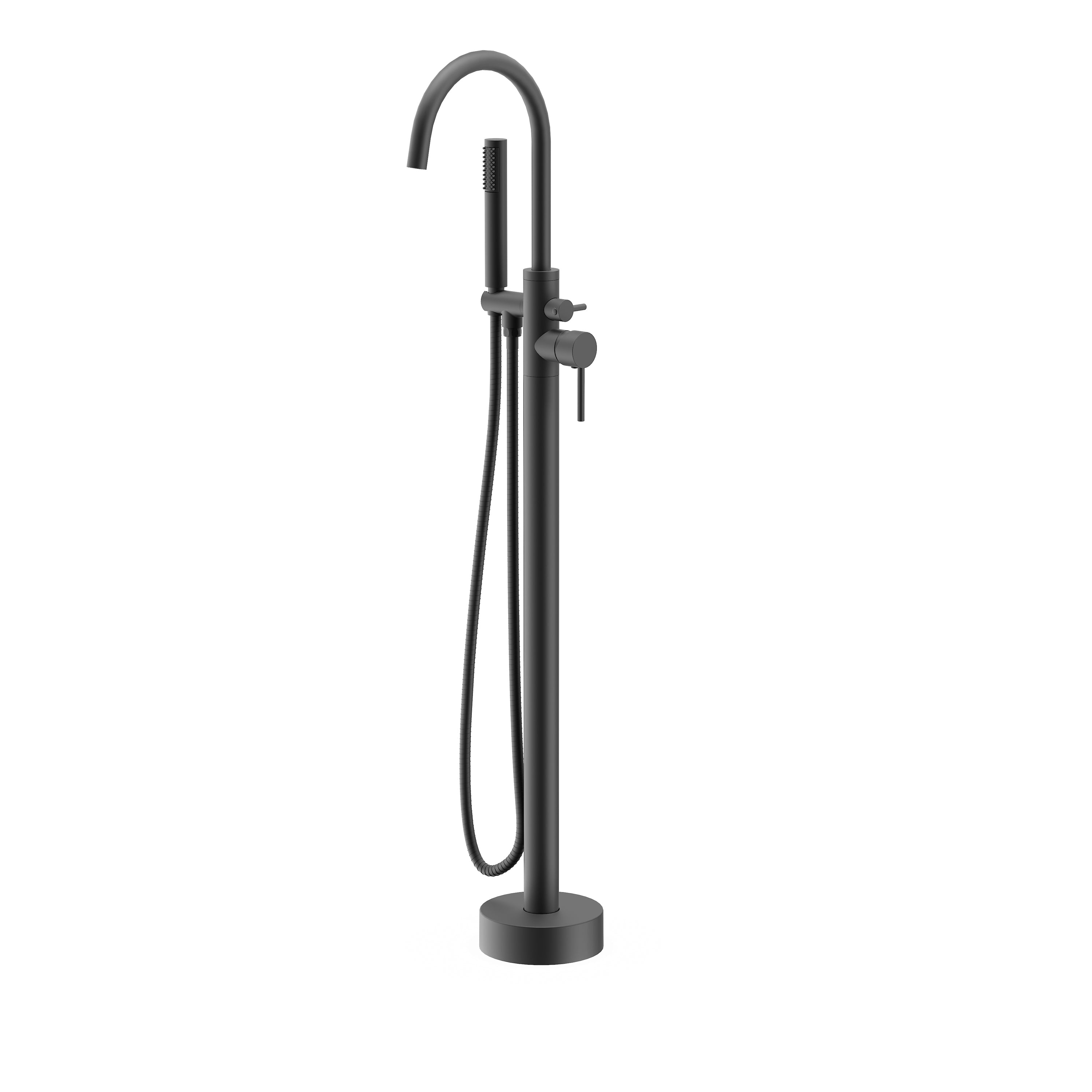 Freestanding Tub Filler with Handheld Shower, Floor Mount Bathtub Faucet, High Flow Tub Faucet with Swivel Gooseneck Spout, Modern Standing Tub Faucet, Matte Black