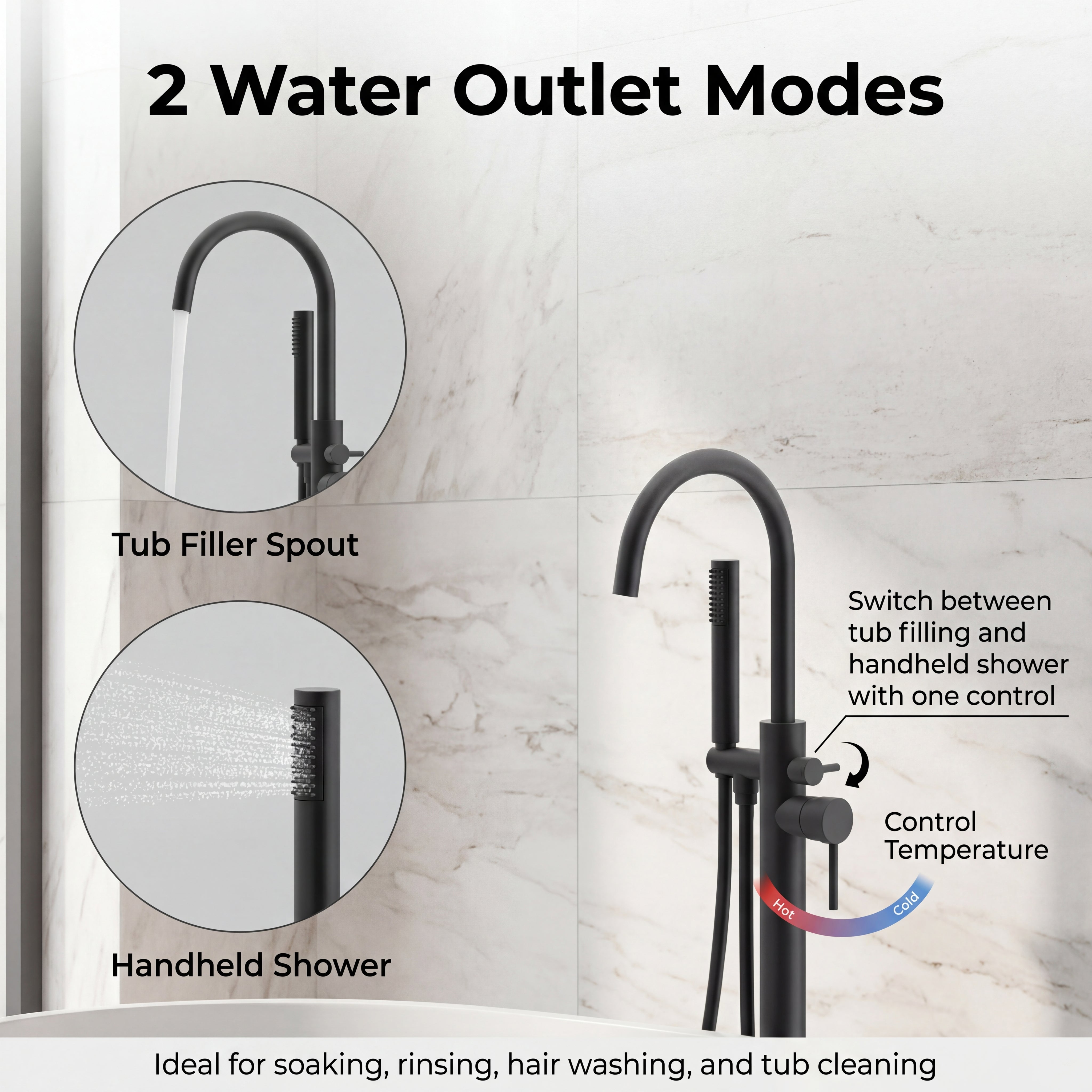 Freestanding Tub Filler with Handheld Shower, Floor Mount Bathtub Faucet, High Flow Tub Faucet with Swivel Gooseneck Spout, Modern Standing Tub Faucet, Matte Black