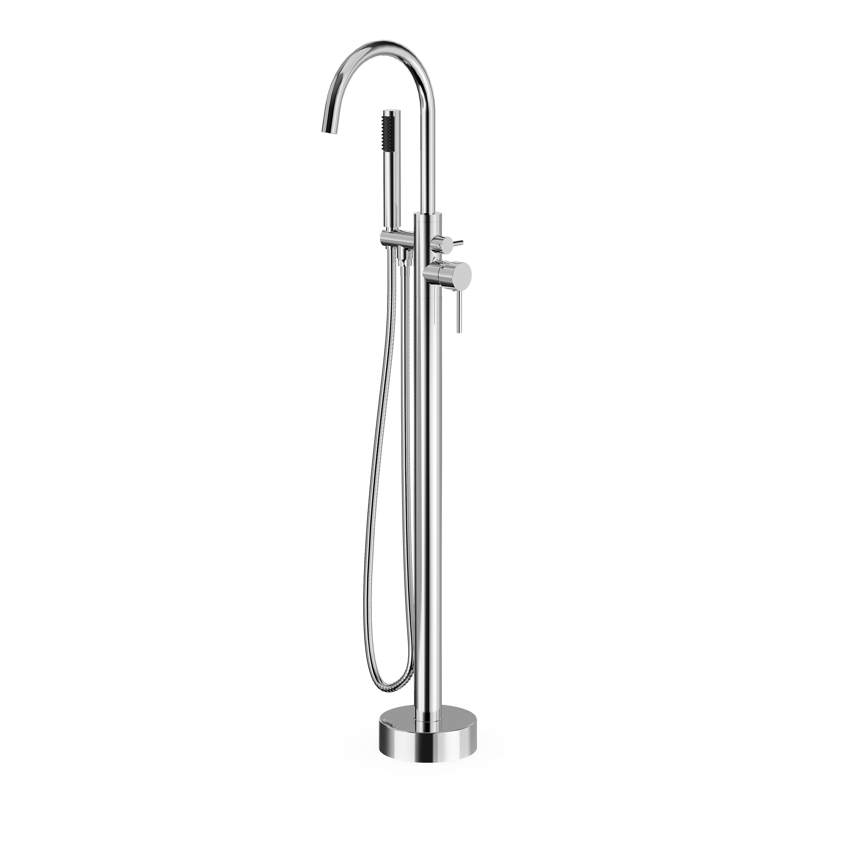 Freestanding Tub Filler with Handheld Shower, Floor Mount Bathtub Faucet, High Flow Tub Faucet with Swivel Gooseneck Spout, Modern Standing Tub Faucet, Chrome