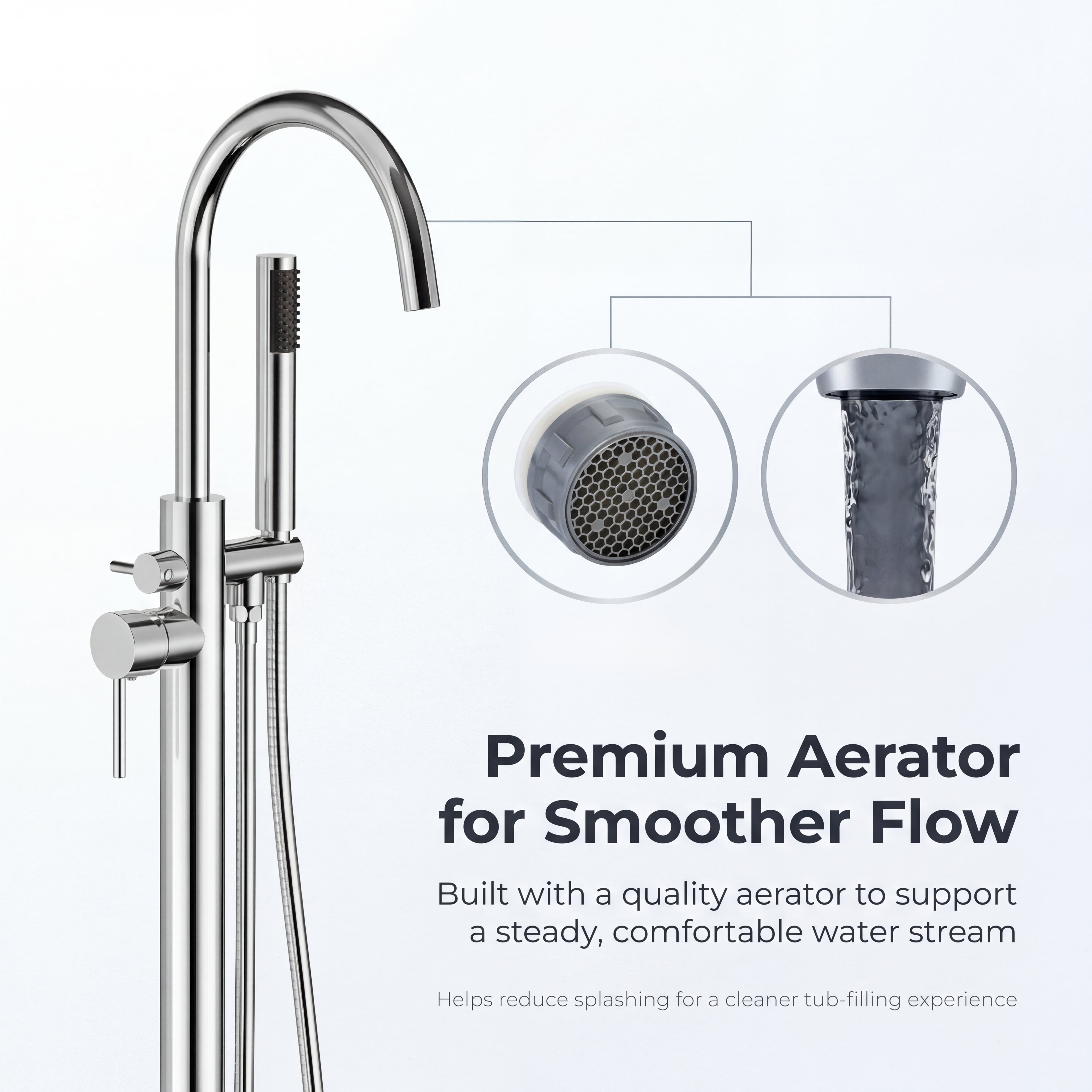 Freestanding Tub Filler with Handheld Shower, Floor Mount Bathtub Faucet, High Flow Tub Faucet with Swivel Gooseneck Spout, Modern Standing Tub Faucet, Chrome