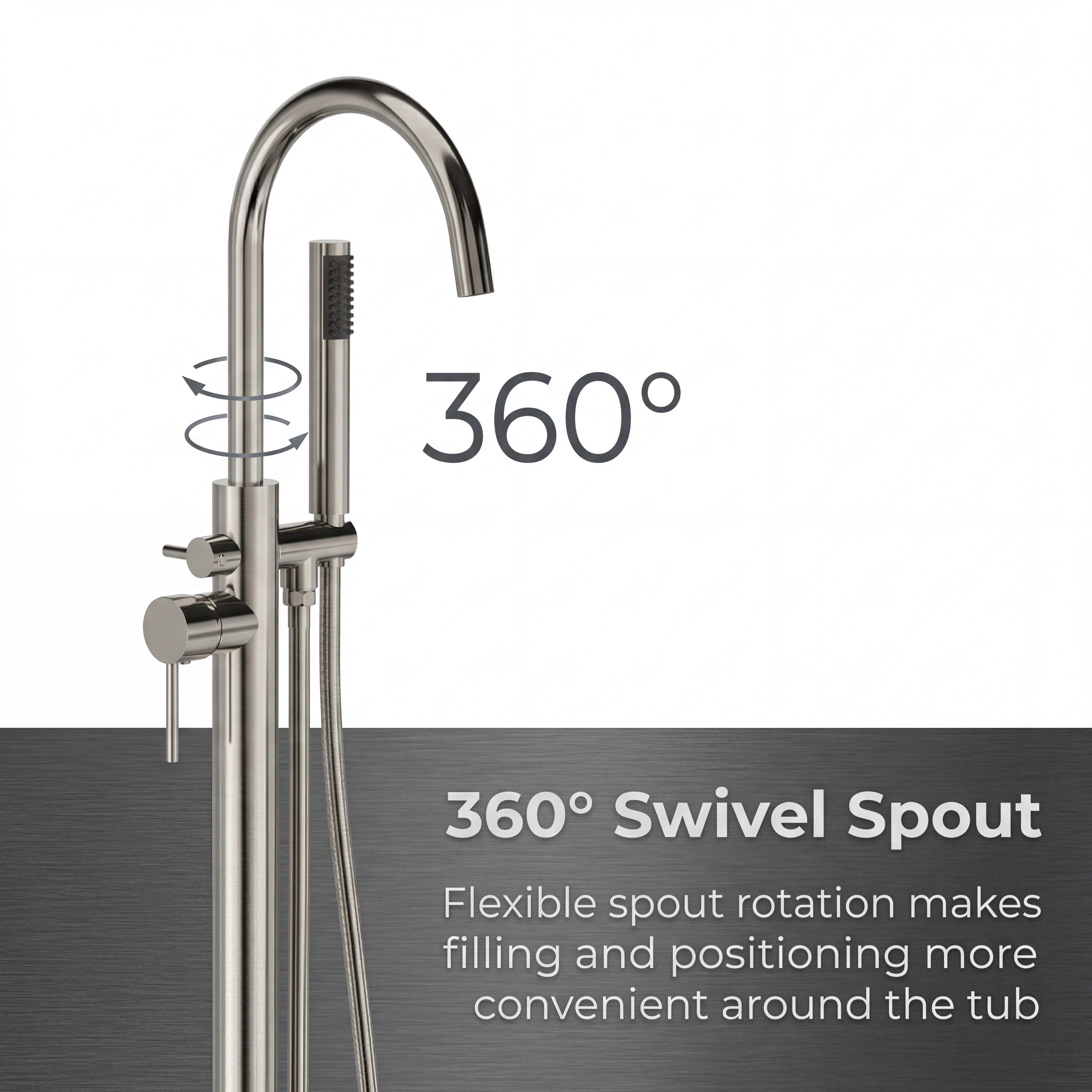 Freestanding Tub Filler with Handheld Shower, Floor Mount Bathtub Faucet, High Flow Tub Faucet with Swivel Gooseneck Spout, Modern Standing Tub Faucet, Brushed Nickel