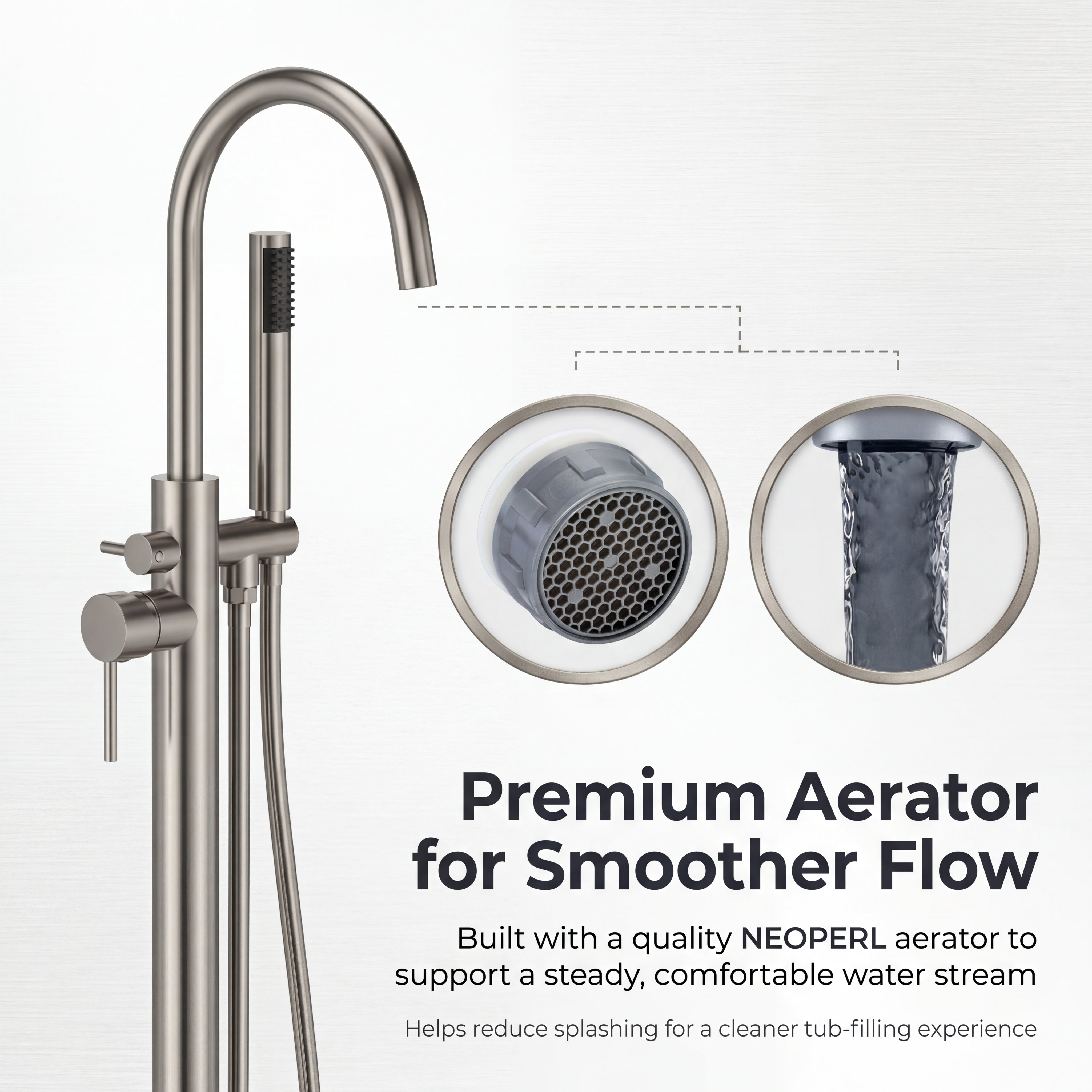 Freestanding Tub Filler with Handheld Shower, Floor Mount Bathtub Faucet, High Flow Tub Faucet with Swivel Gooseneck Spout, Modern Standing Tub Faucet, Brushed Nickel