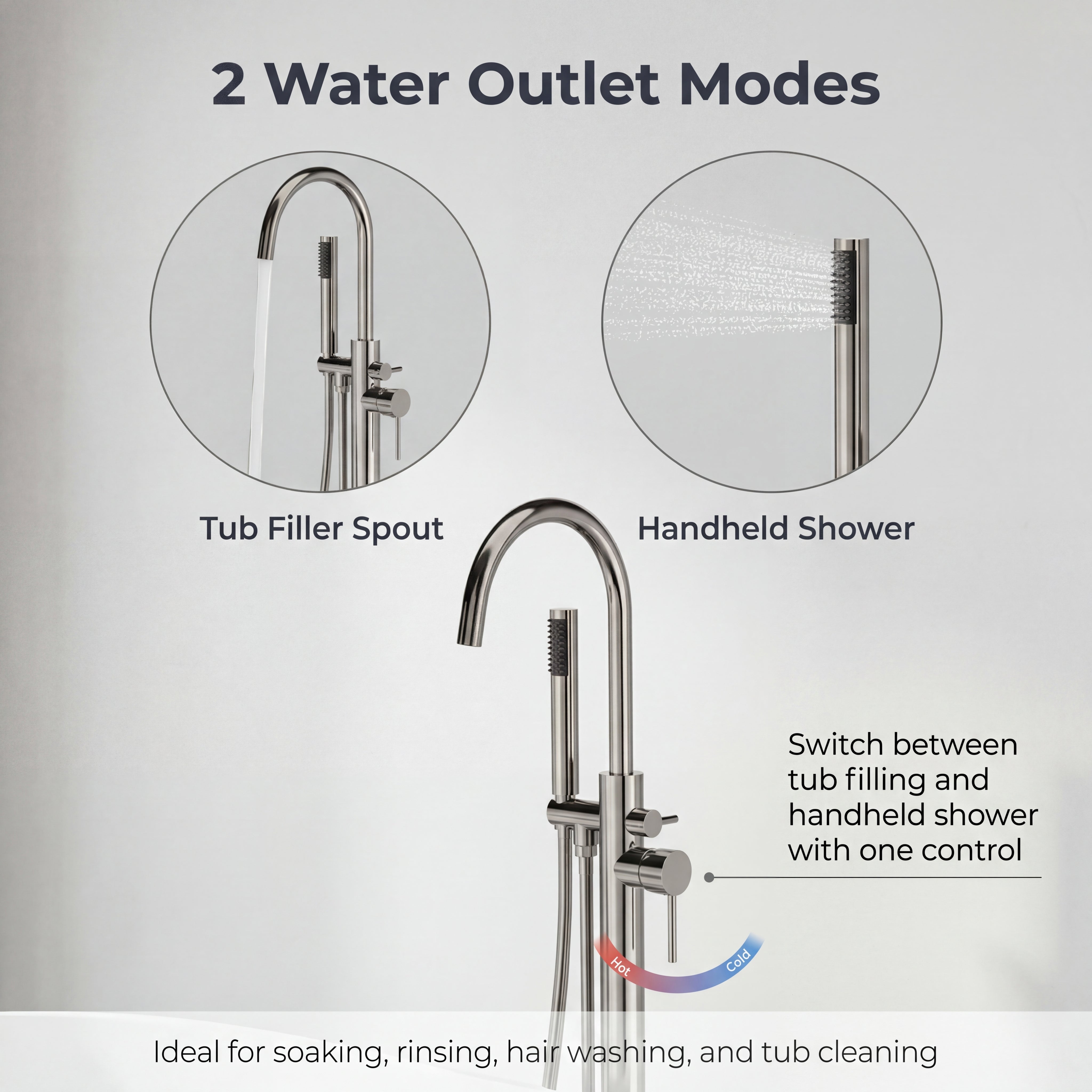 Freestanding Tub Filler with Handheld Shower, Floor Mount Bathtub Faucet, High Flow Tub Faucet with Swivel Gooseneck Spout, Modern Standing Tub Faucet, Brushed Nickel