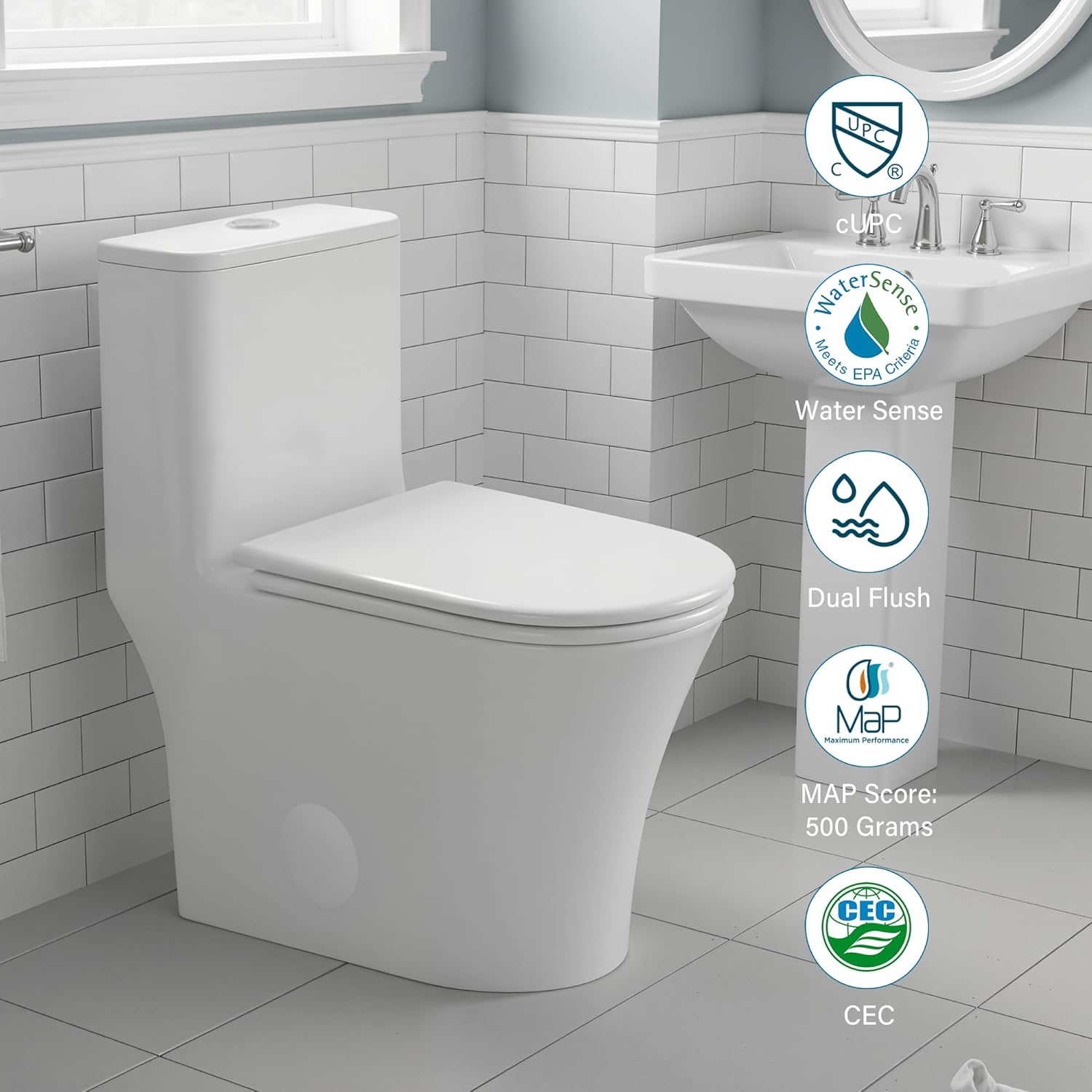 12 in Rough-In 1-Piece, 0.9/1.3 GPF Swirl Flush Elongated Toilet in White Ceramic with Soft-Close Seat