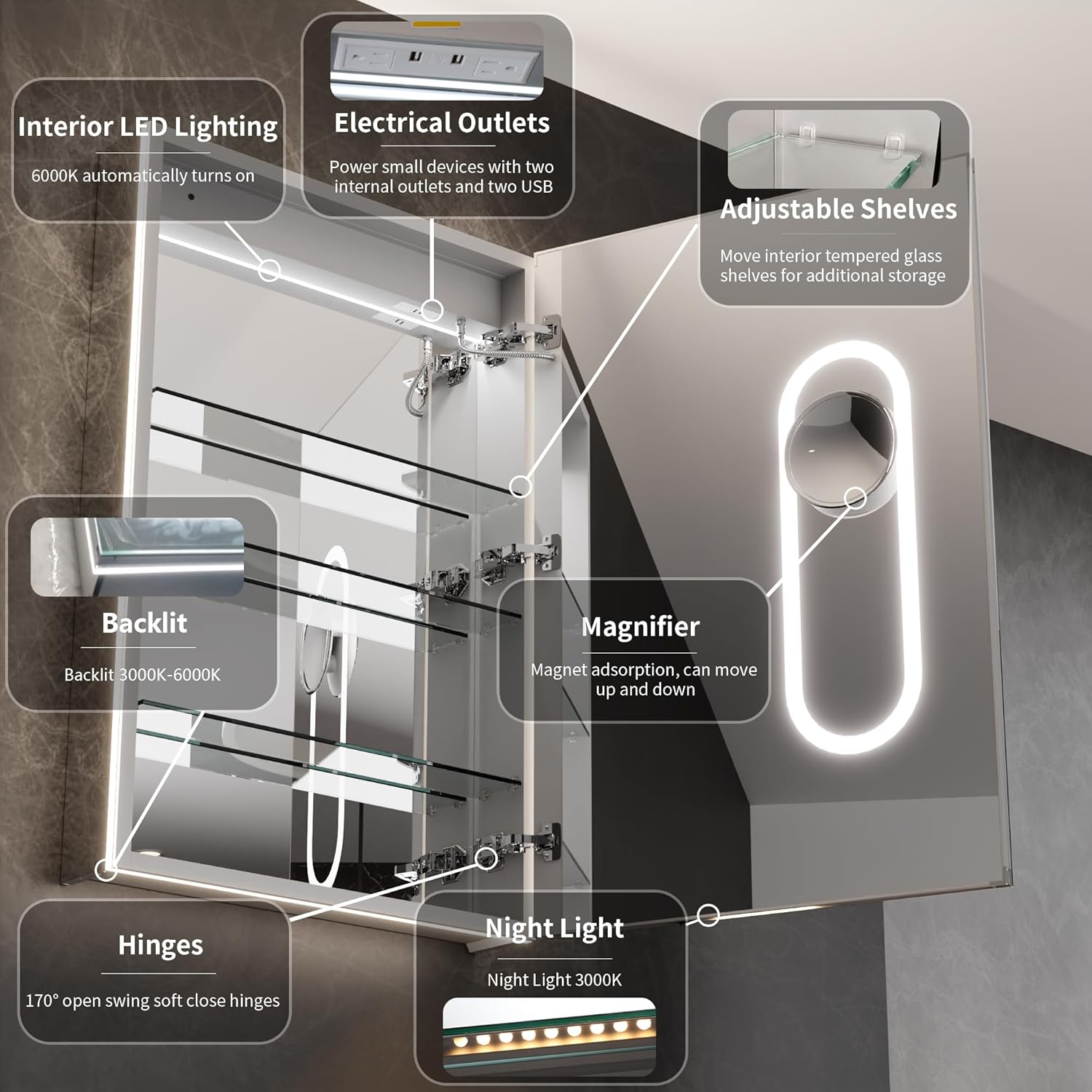 LED Medicine Cabinet with Right-Swing Door, Anti-Fog Mirror, Dimmable Lighting & Built-In Outlets 24" x 36"