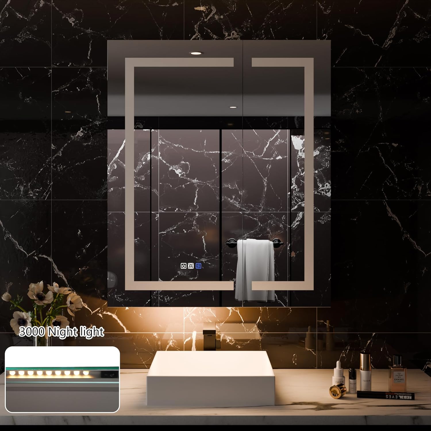 LED Medicine Cabinet with Anti-Fog Mirror, Dimmable Lighting & Built-In Outlets 30" x 36" Double Door