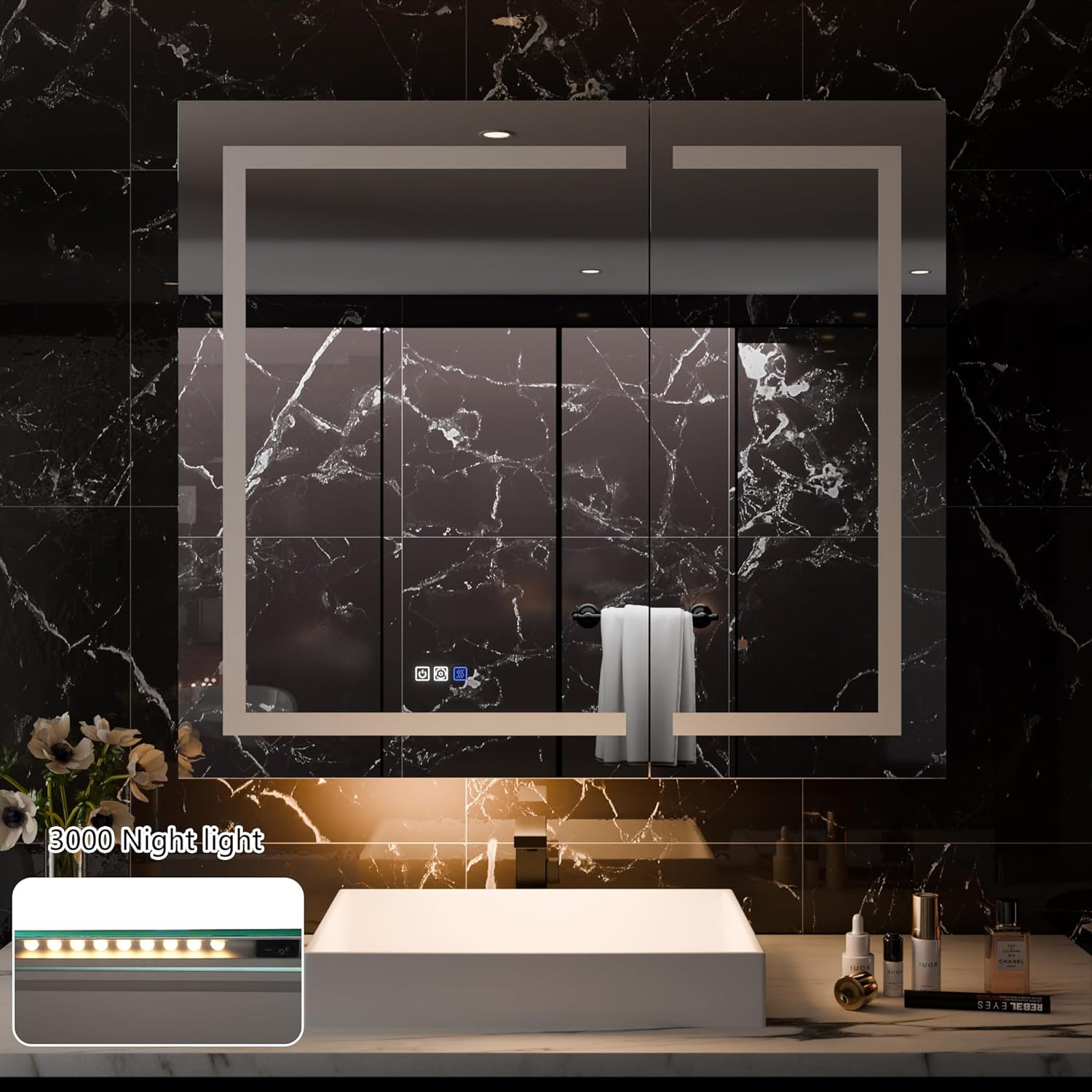 LED Medicine Cabinet with Anti-Fog Mirror, Dimmable Lighting & Built-In Outlets 42" x 36"