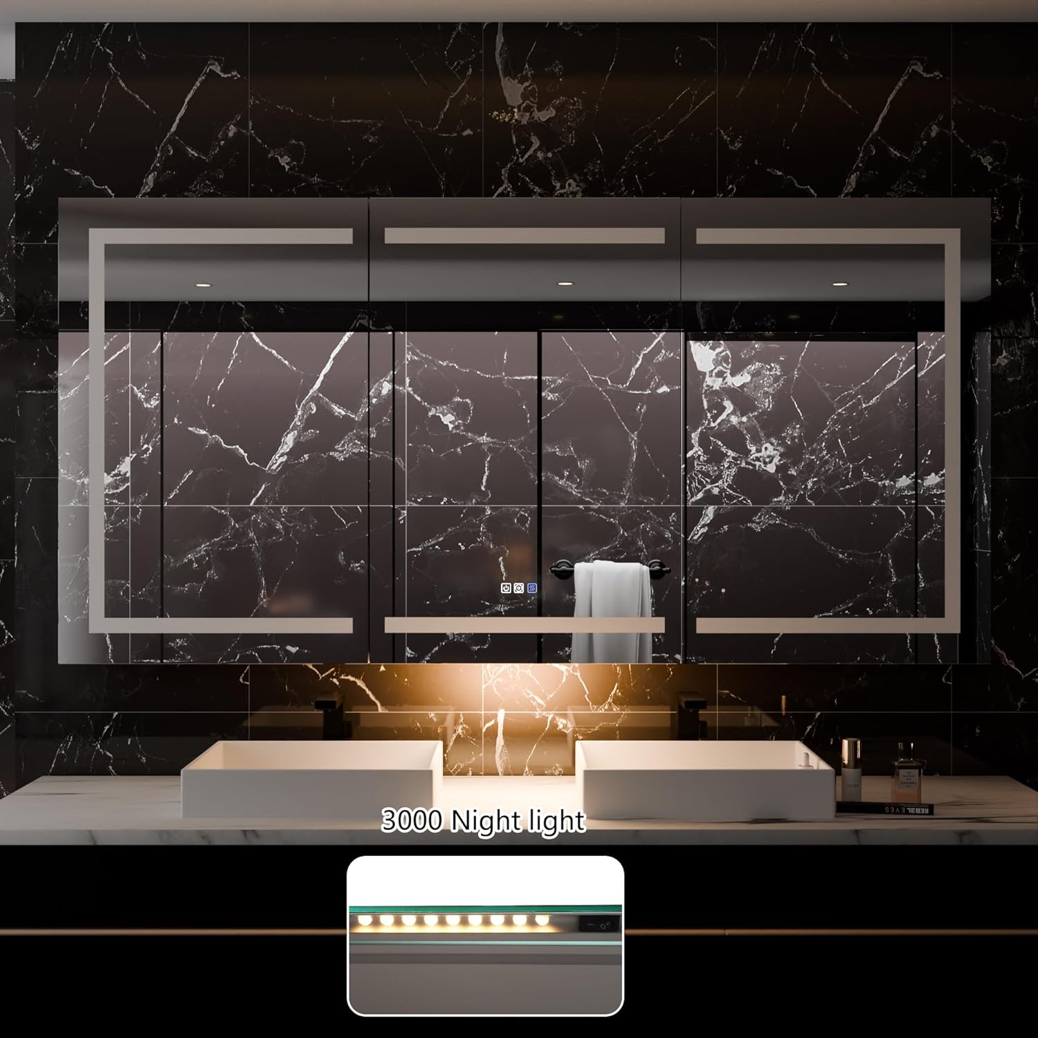 LED Medicine Cabinet with Triple Door, Anti-Fog Mirror, Dimmable Lighting & Built-In Outlets 76" x 36"