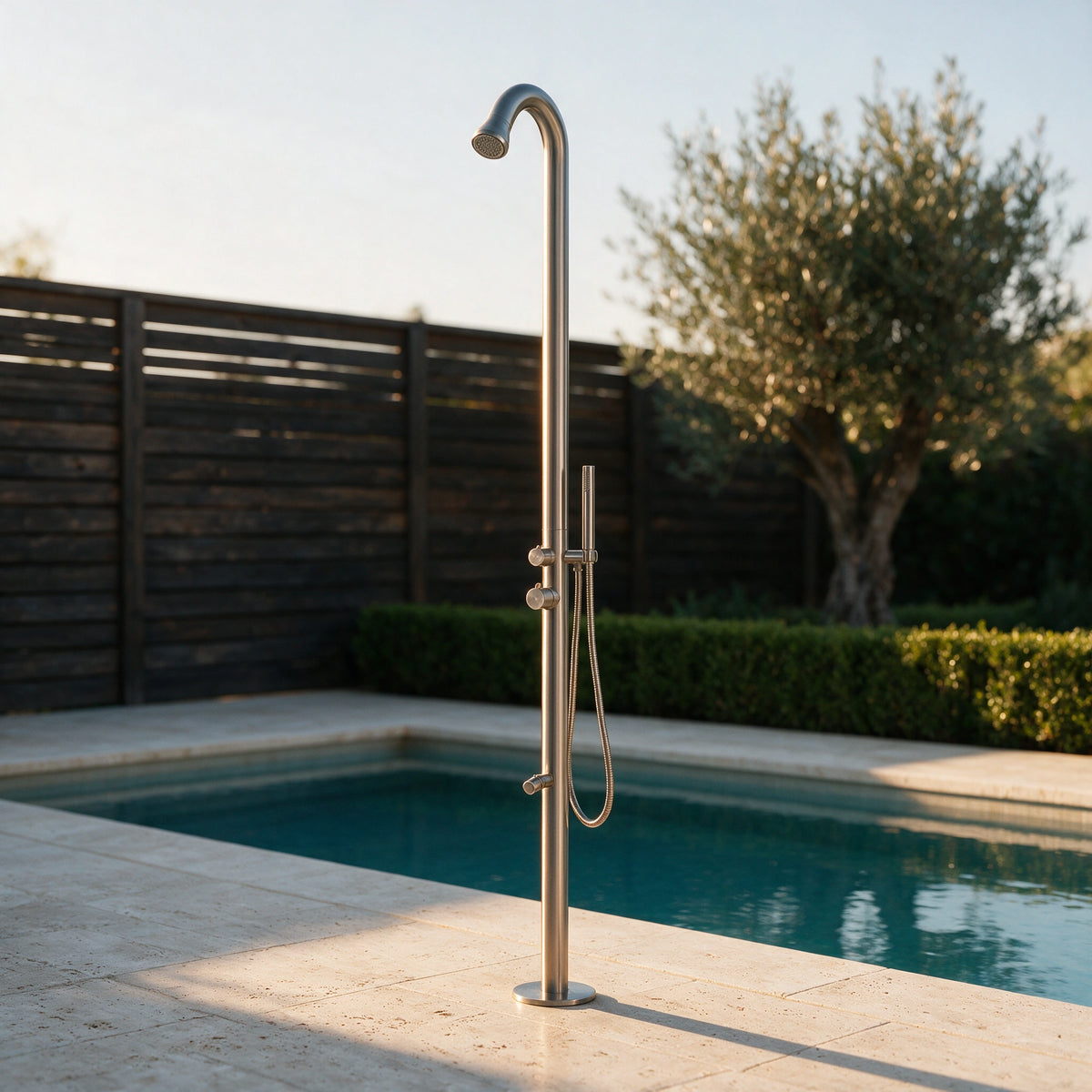 Outdoor Shower with Hot/Cold Water, Wand Hand and Foot Wash Spout Brushed