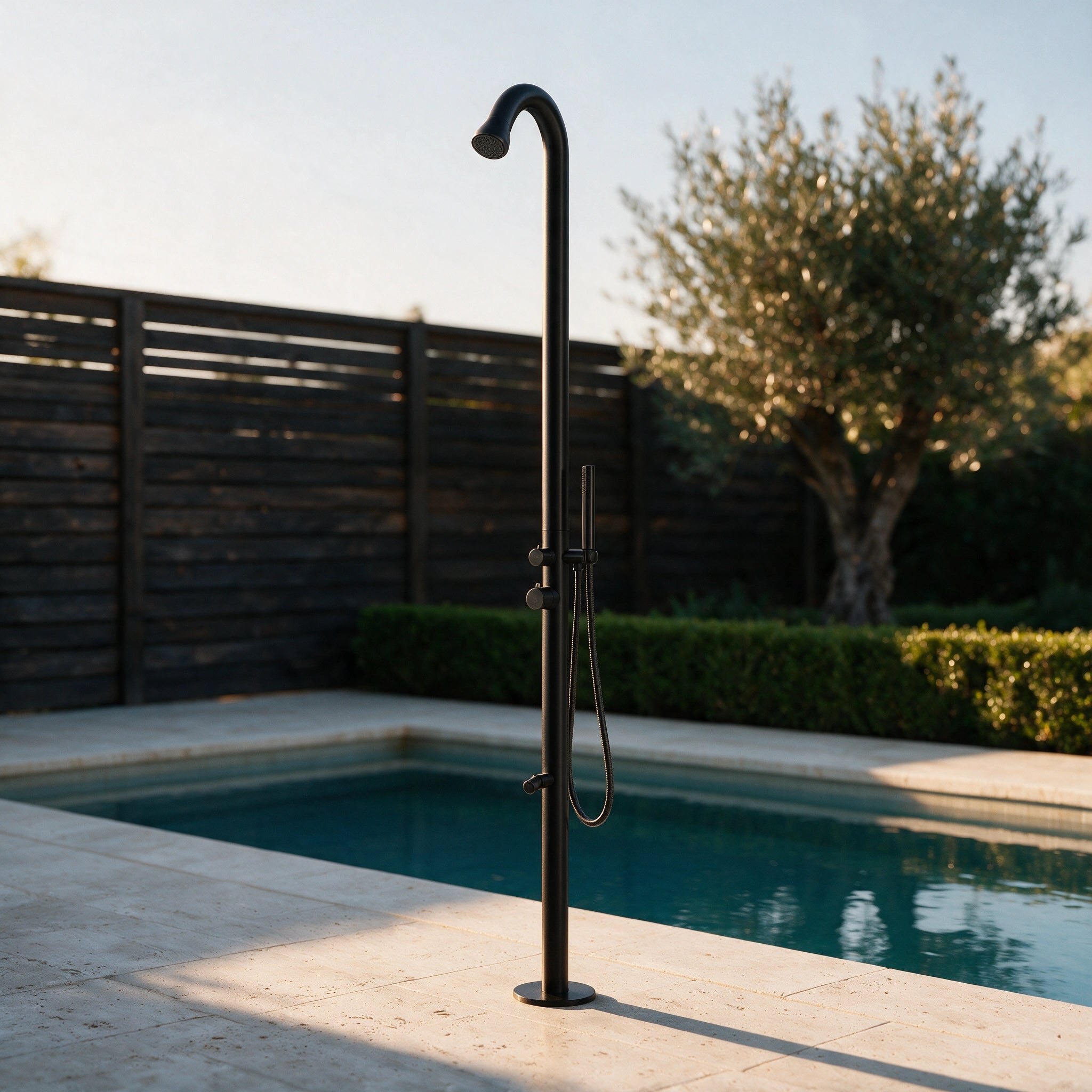 Outdoor Shower with Hot/Cold Water, Wand Hand and Foot Wash Spout Matte Black