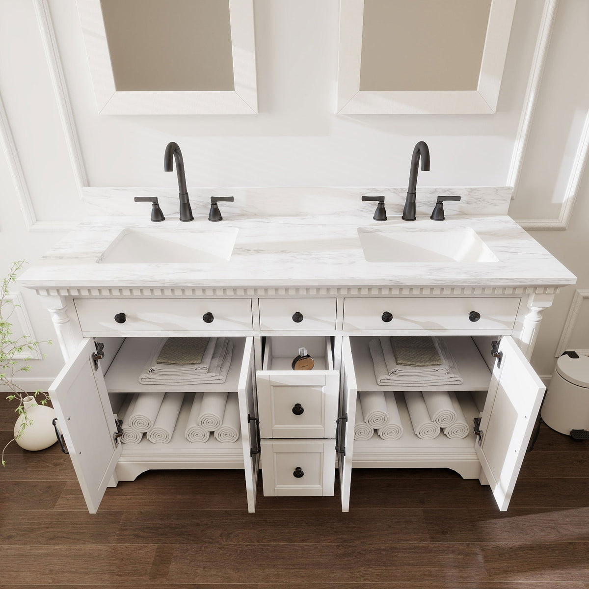 Acro 60" Double Sink Freestanding Bath Vanity with Stone Top, Solid Wood, Soft-Close, Assembled