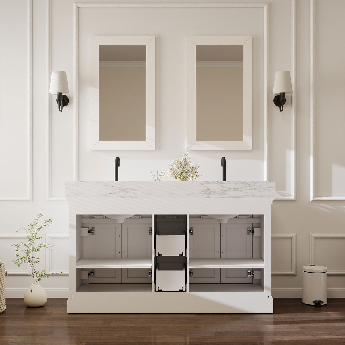 Acro 60" Double Sink Freestanding Bath Vanity with Stone Top, Solid Wood, Soft-Close, Assembled