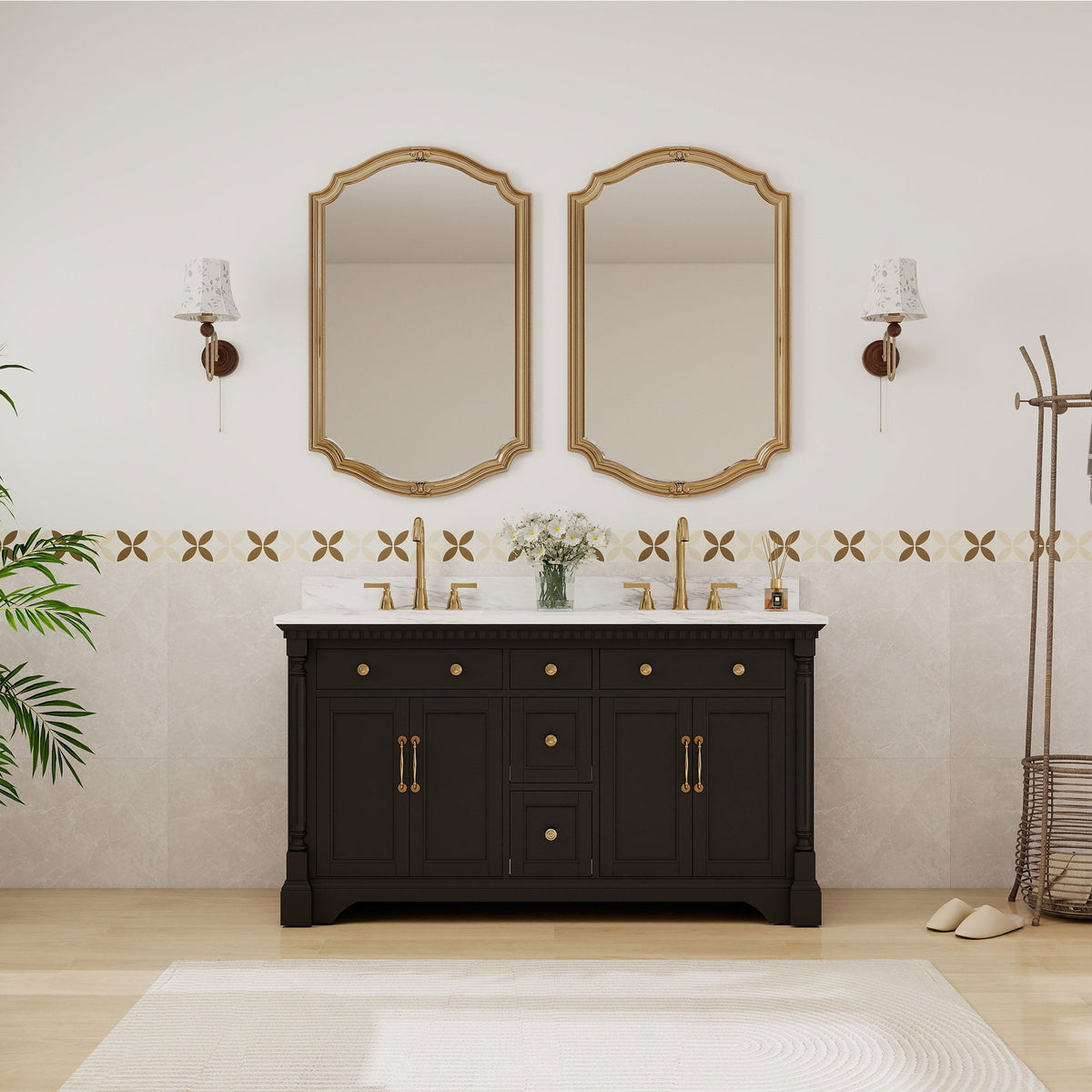 Acro 60" Double Sink Freestanding Bath Vanity with Stone Top, Solid Wood, Soft-Close, Assembled