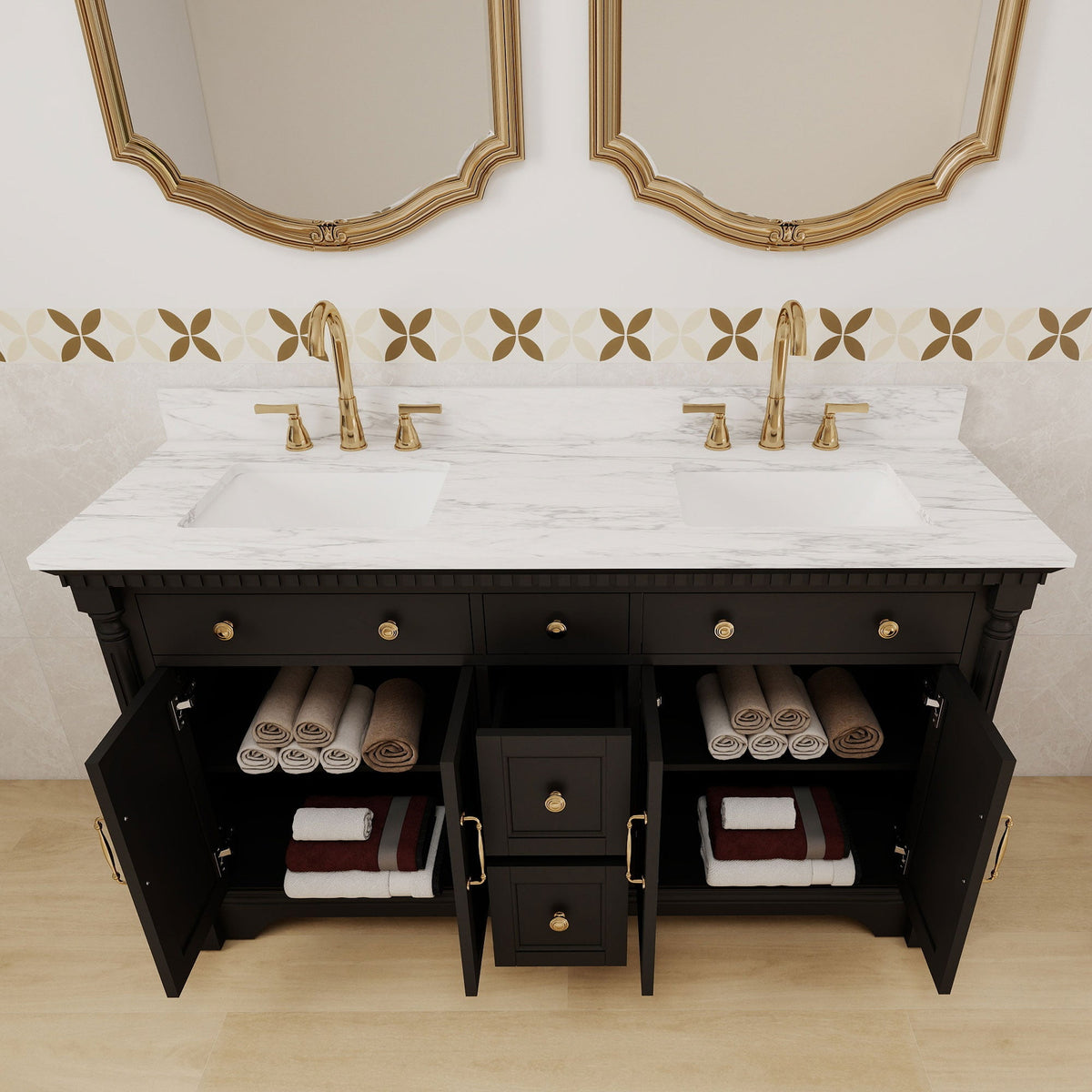 Acro 60" Double Sink Freestanding Bath Vanity with Stone Top, Solid Wood, Soft-Close, Assembled