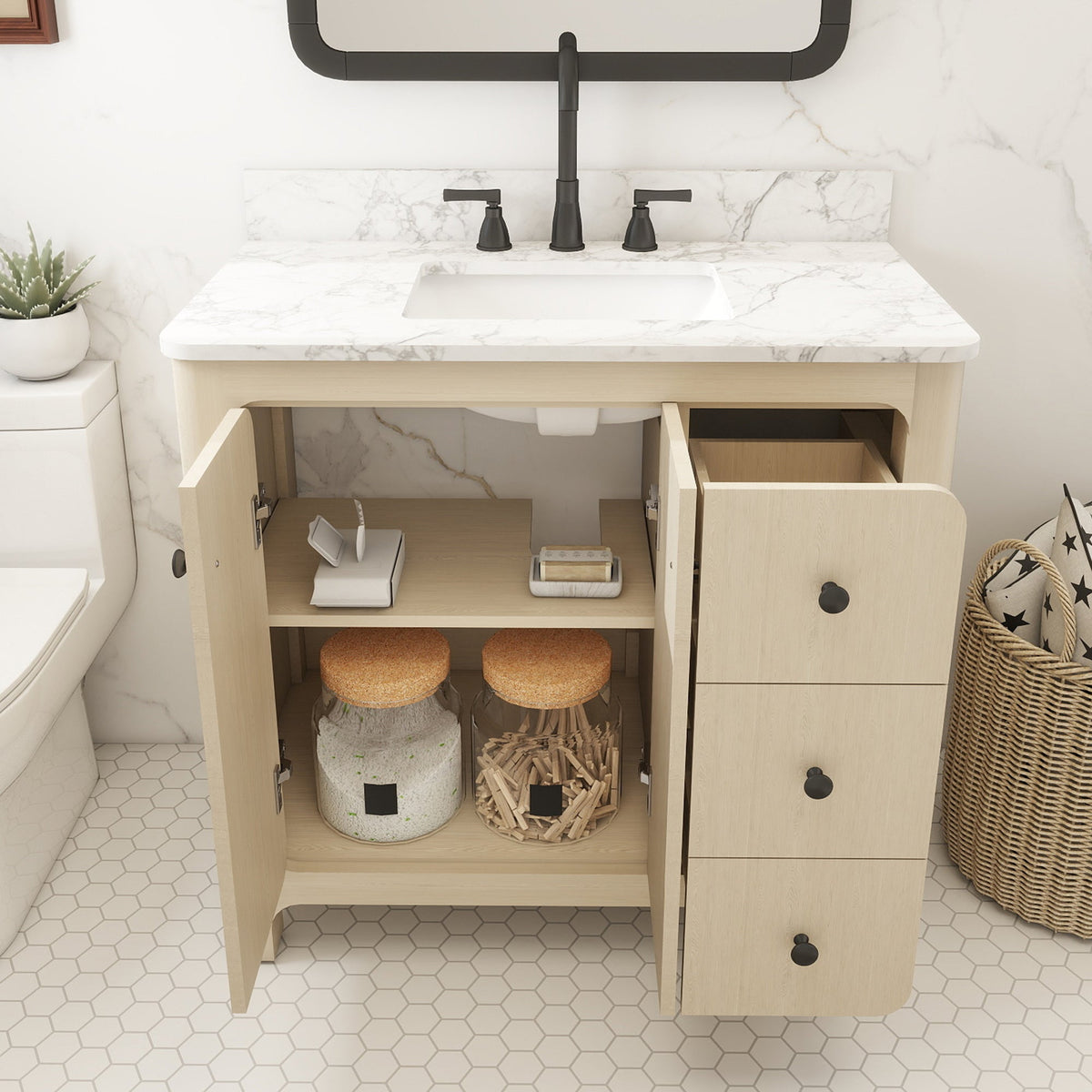 Canyon 36" Single Sink Freestanding Bath Vanity with Stone Top, Solid Wood, Soft-Close, Assembled