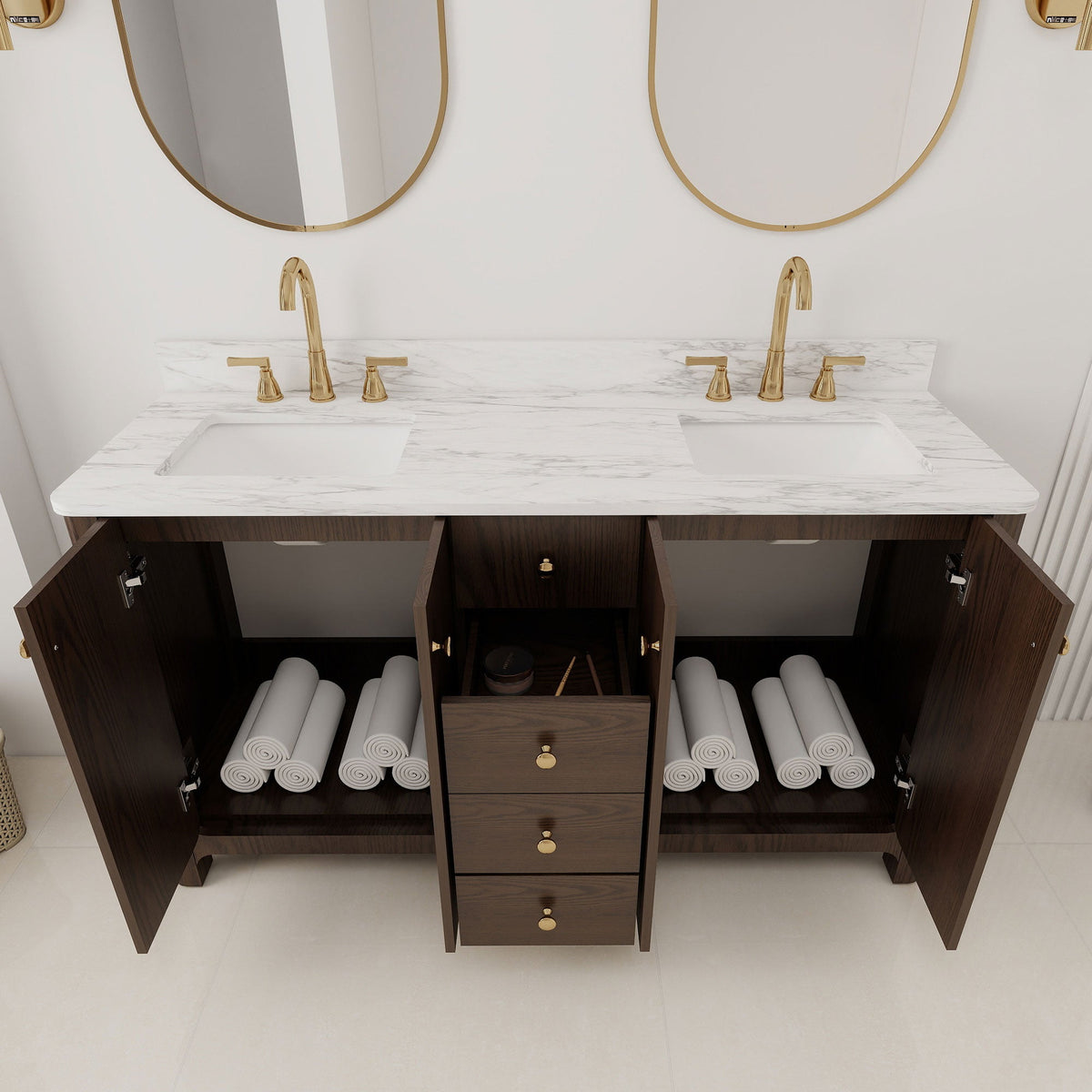 Canyon 60" Double Sink Freestanding Bath Vanity with Stone Top, Solid Wood, Soft-Close, Assembled