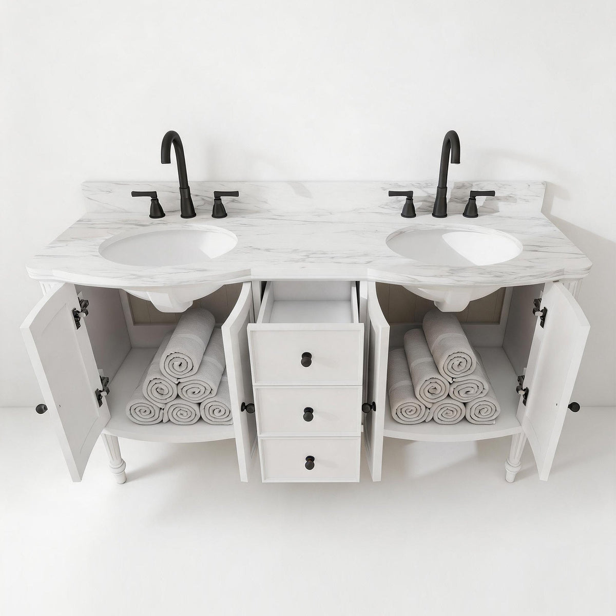 Elara 60" Double Sink Freestanding Bath Vanity with Stone Top, Solid Wood, Soft-Close, Assembled