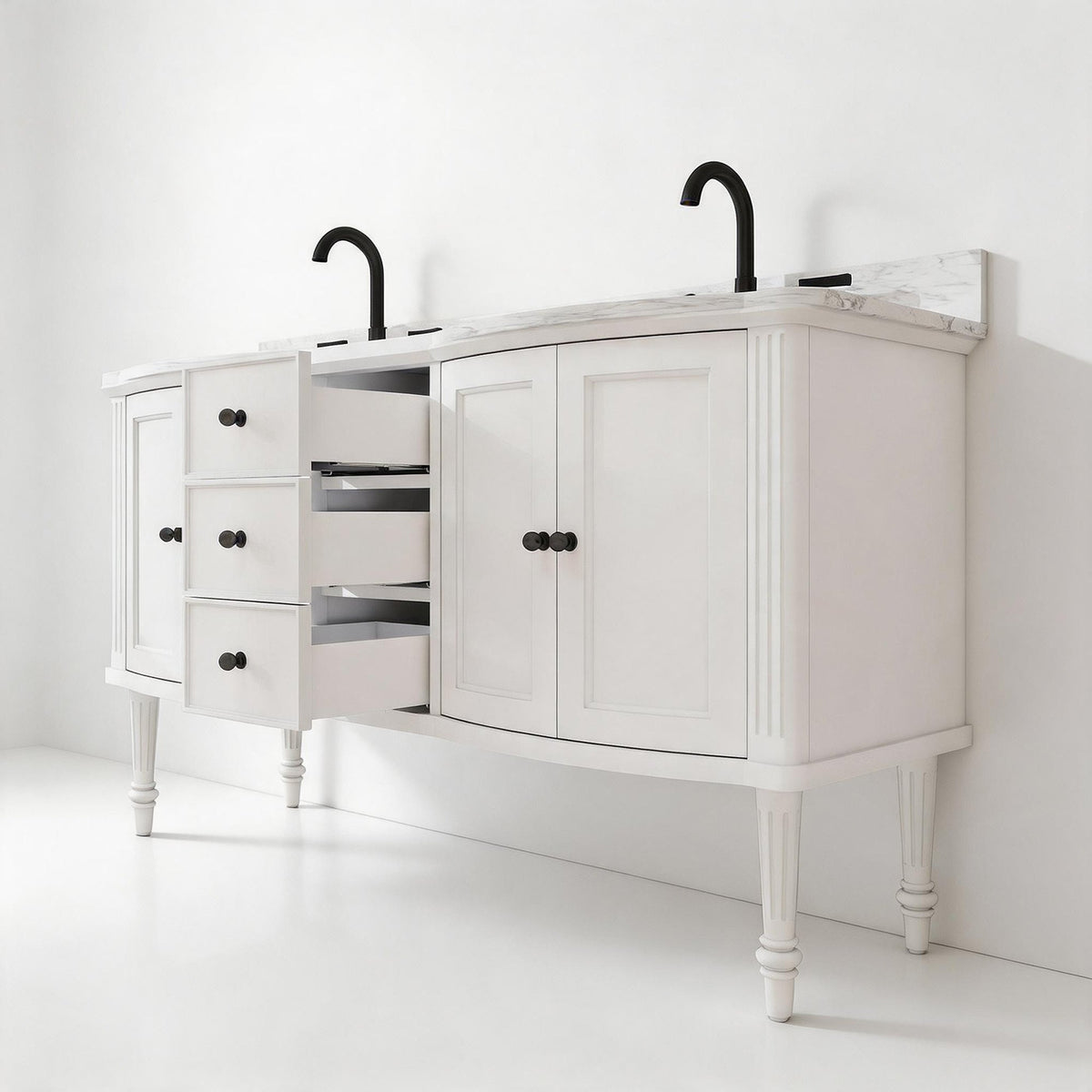 Elara 60" Double Sink Freestanding Bath Vanity with Stone Top, Solid Wood, Soft-Close, Assembled