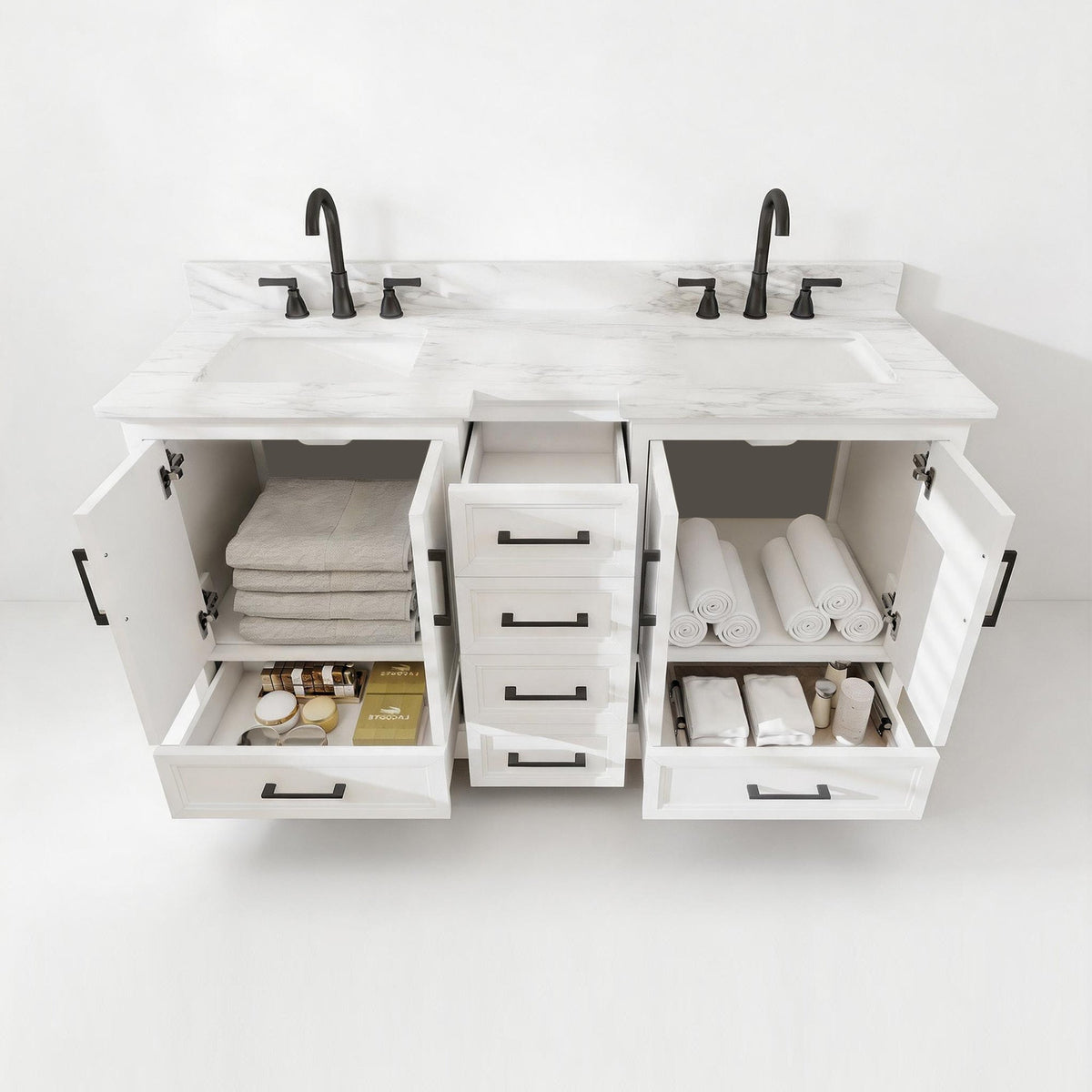 Nobilis 60" Double Sink Freestanding Bath Vanity with Stone Top, Solid Wood, Soft-Close, Assembled