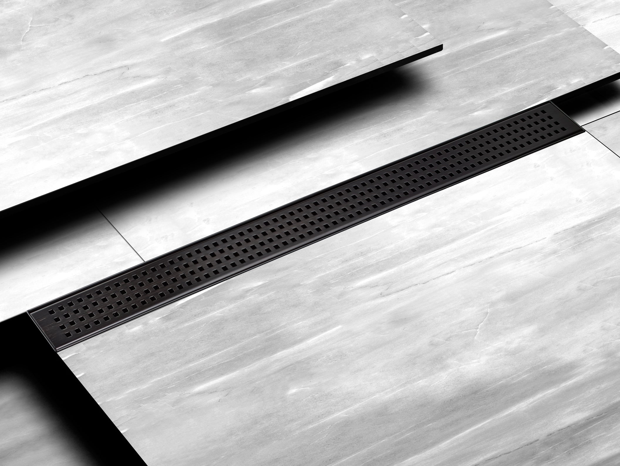Linear Floor Drain with Removable Quadrato Pattern Grate, Stainless Steel, 24"/36"/48"