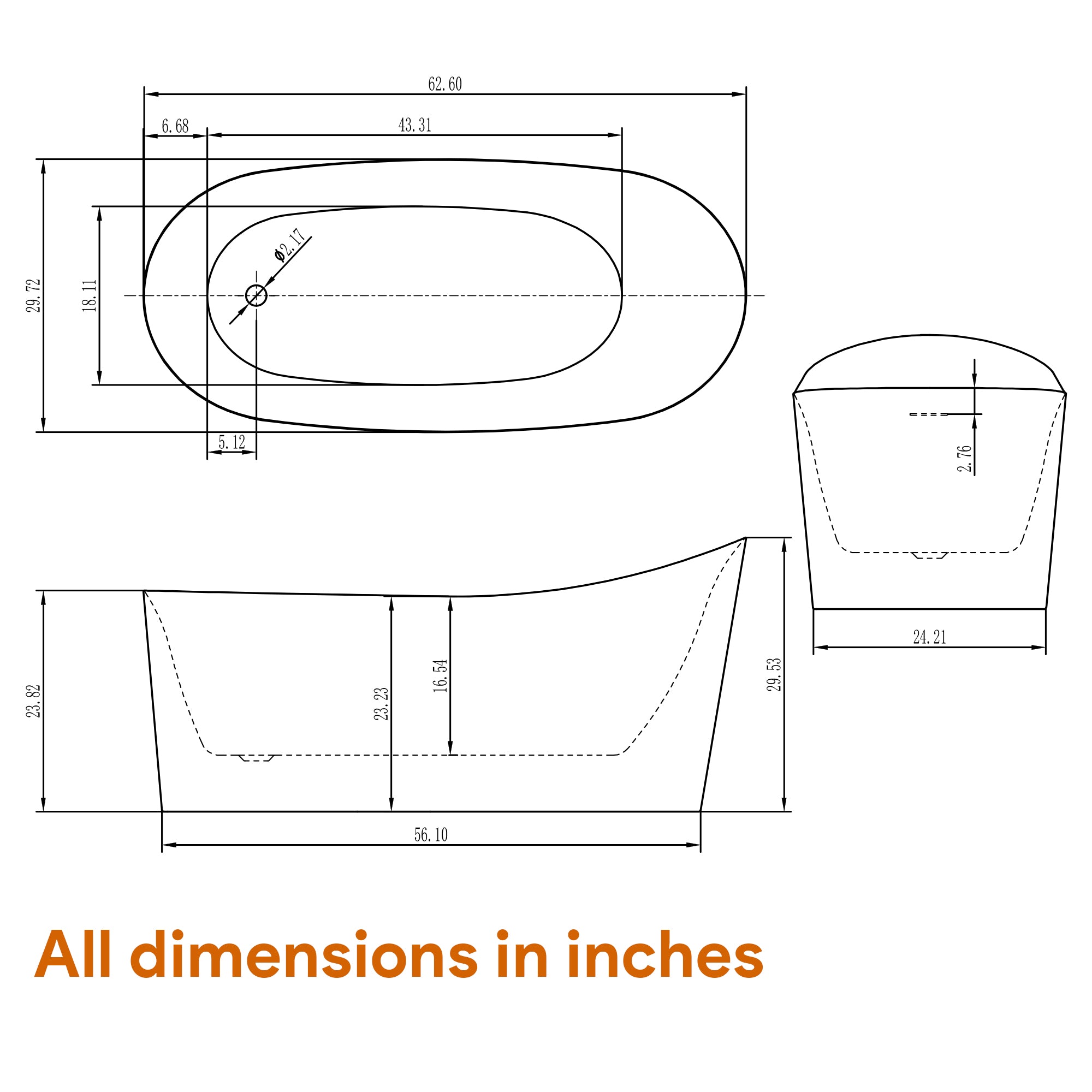 Freestanding Soaking Tub, 62" Acrylic, UPC Certified, Drain & Overflow Assembly Included