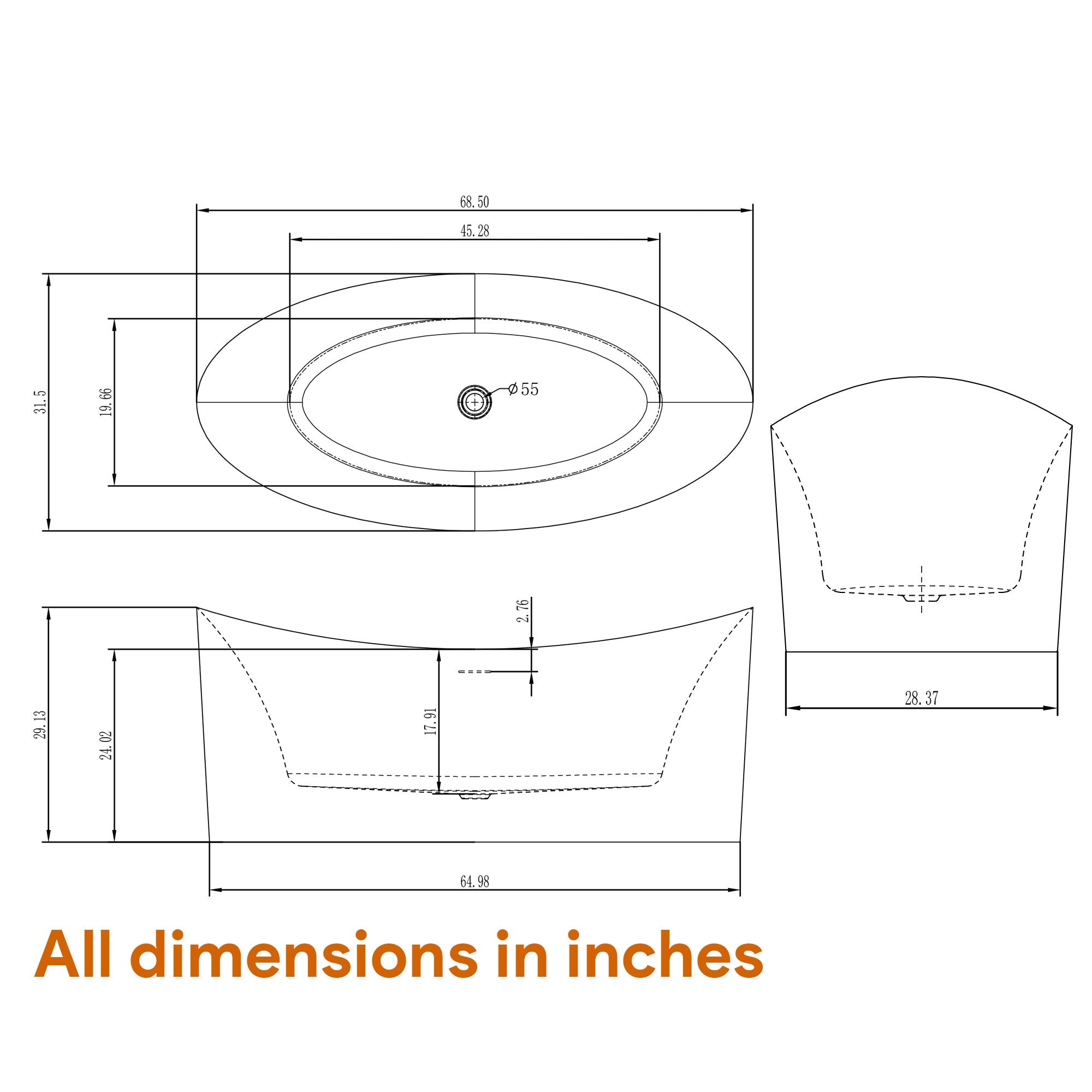 Freestanding Soaking Tub, 68.5" Acrylic, UPC Certified, Drain & Overflow Assembly Included