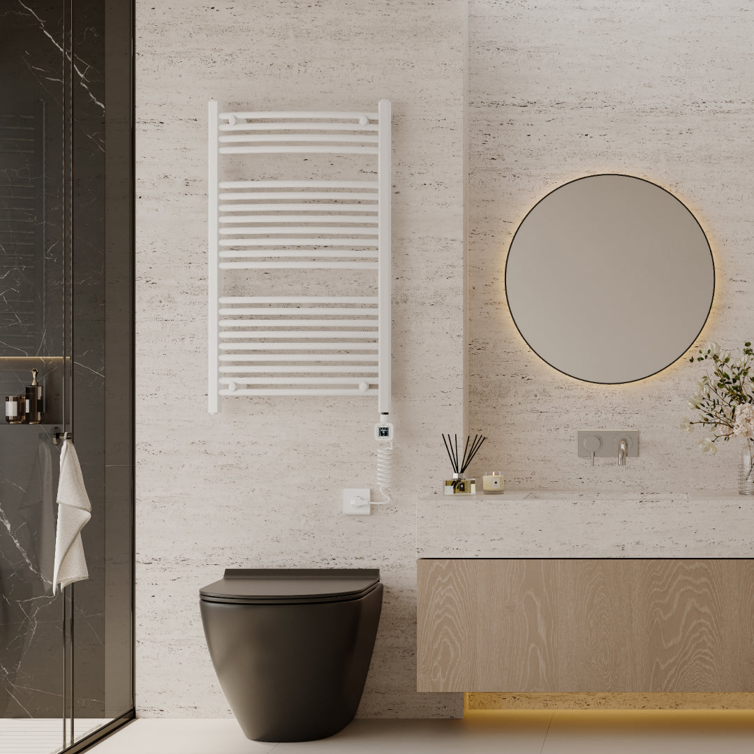 Towel Warmer Radiator 21 Curved Bars with Programmable Smart Control, 24"x40" Gloss White
