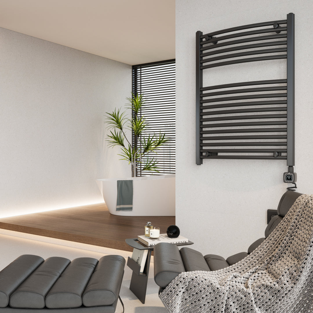 Towel Warmer Radiator 18 Curved Bars with Programmable Smart Control, 24"x32" Matte Black