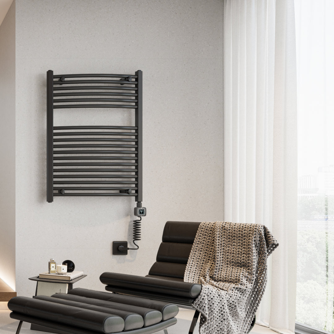 Towel Warmer Radiator 18 Curved Bars with Programmable Smart Control, 24"x32" Matte Black