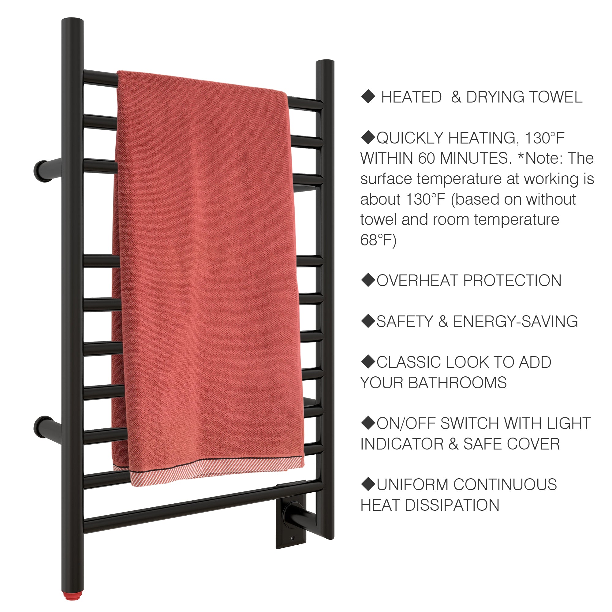 Towel Warmer 10 Straight Bar 20"x32" Wall-Mounted, Hard-Wired Matte Black