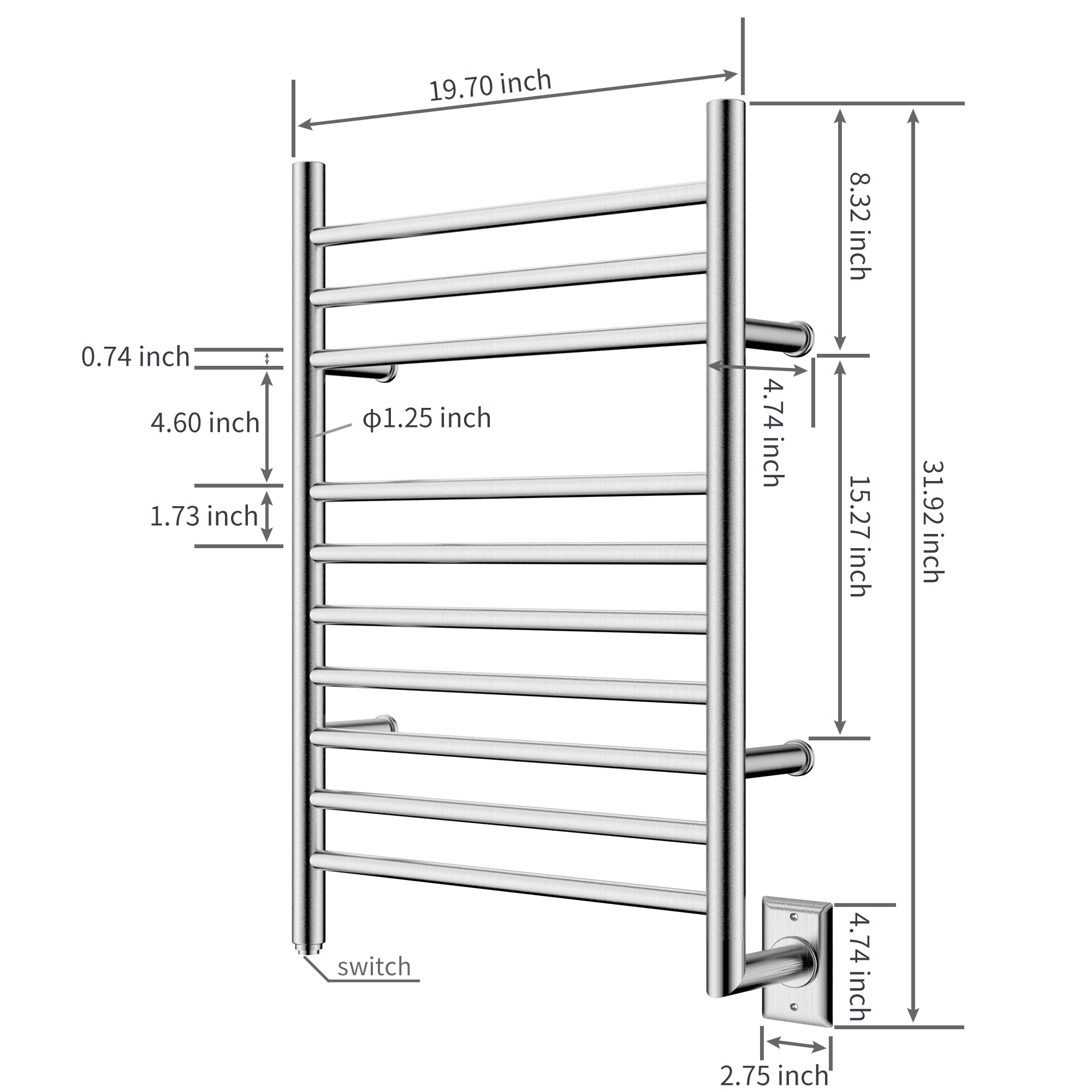 Towel Warmer 10 Straight Bar 20"x32" Wall-Mounted, Hard-Wired Brushed Polish