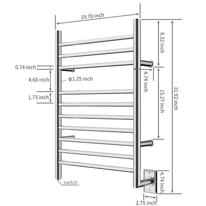 Towel Warmer 10 Straight Bar 20"x32" Wall-Mounted, Hard-Wired Brushed Polish