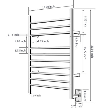 Towel Warmer 10 Straight Bar 20"x32" Wall-Mounted, Hard-Wired Mirror Polish