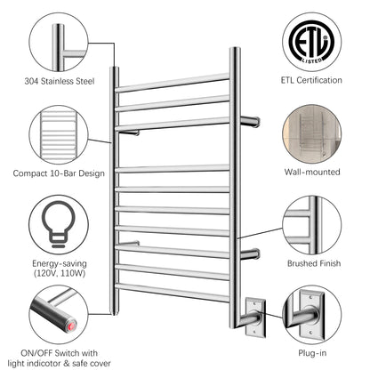 Towel Warmer 10 Straight Bar 20"x32" Wall-Mounted, Hard-Wired Brushed Polish