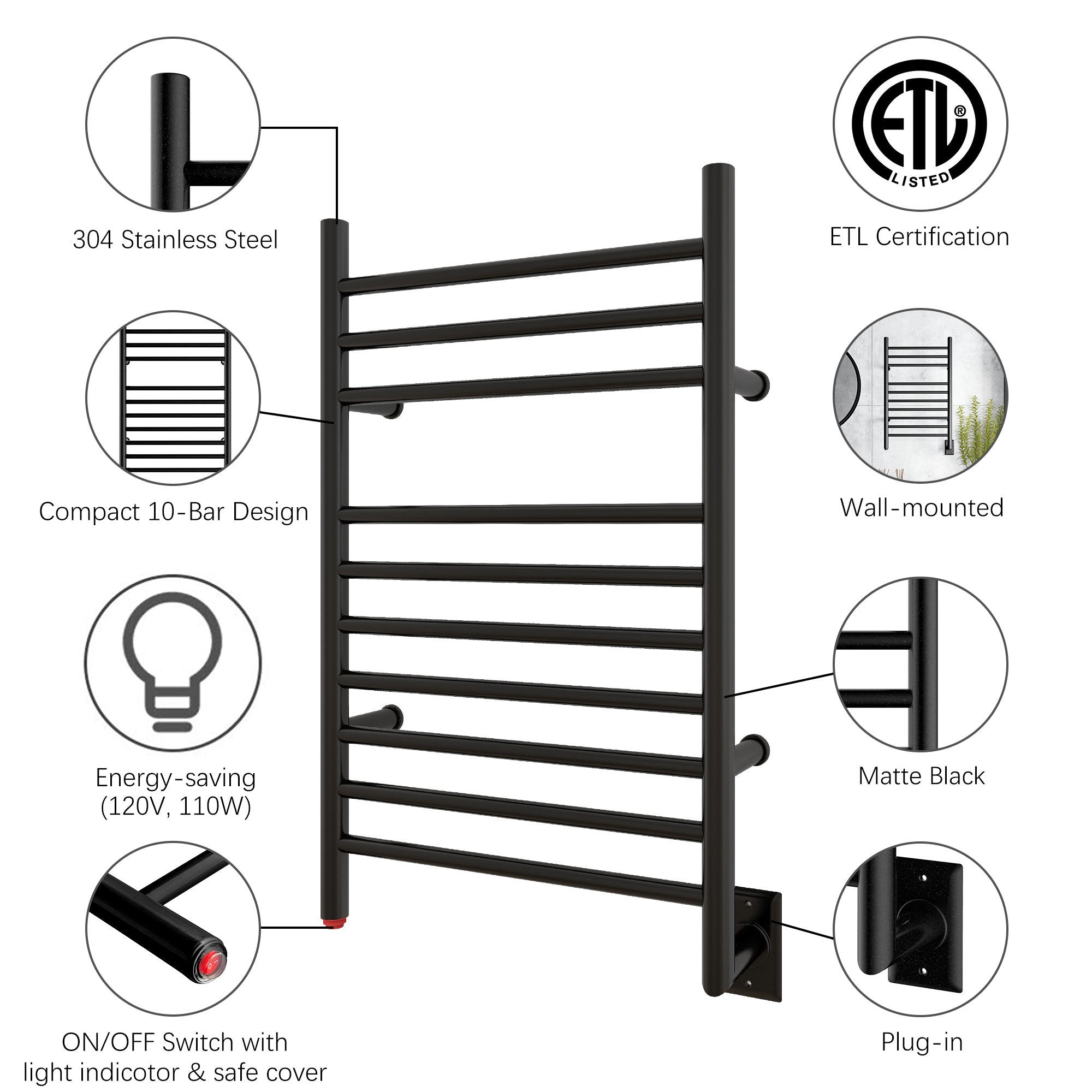 Towel Warmer 10 Straight Bar 20"x32" Wall-Mounted, Hard-Wired Matte Black