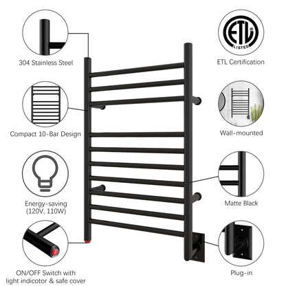 Towel Warmer 10 Straight Bar 20"x32" Wall-Mounted, Hard-Wired Matte Black