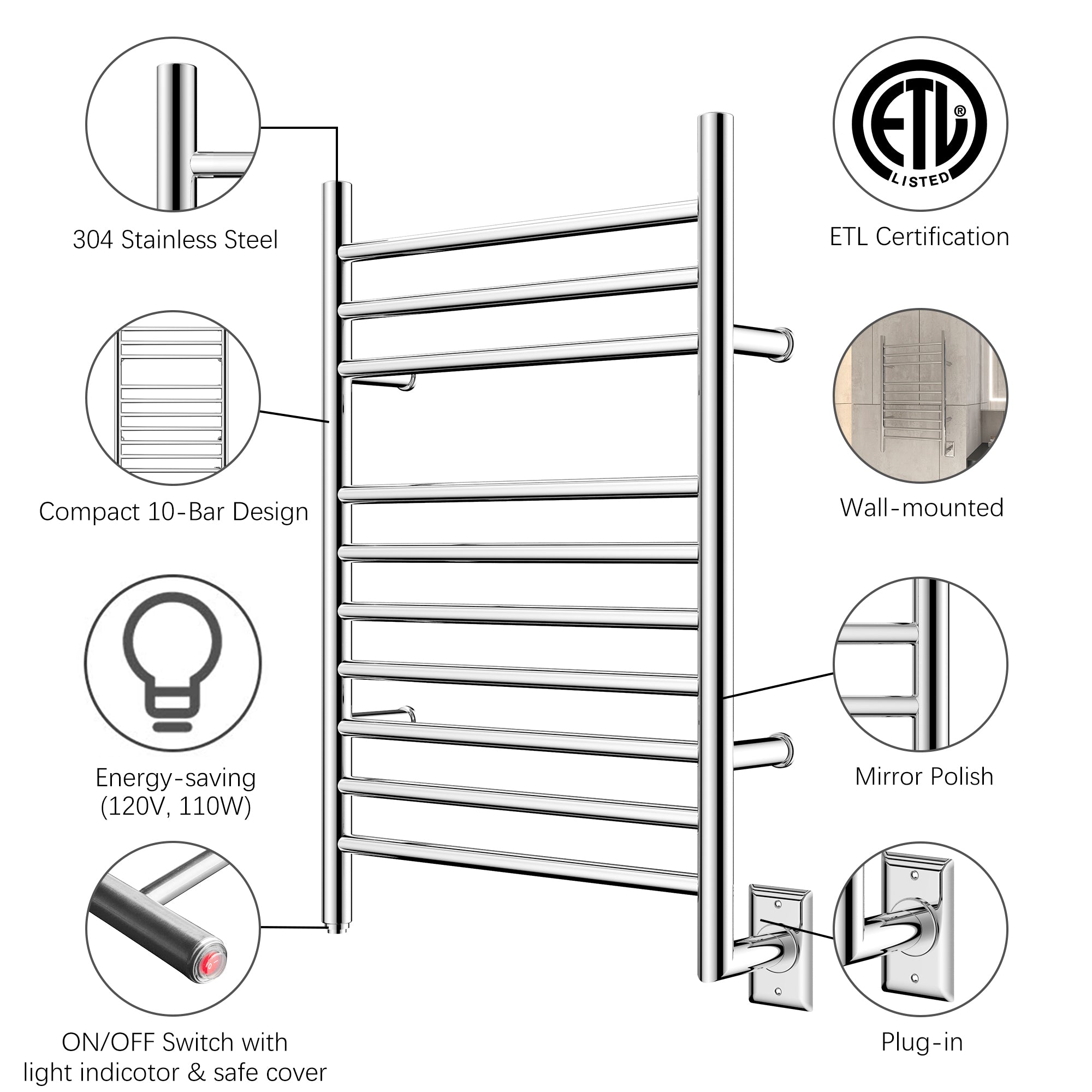 Towel Warmer 10 Straight Bar 20"x32" Wall-Mounted, Hard-Wired Mirror Polish