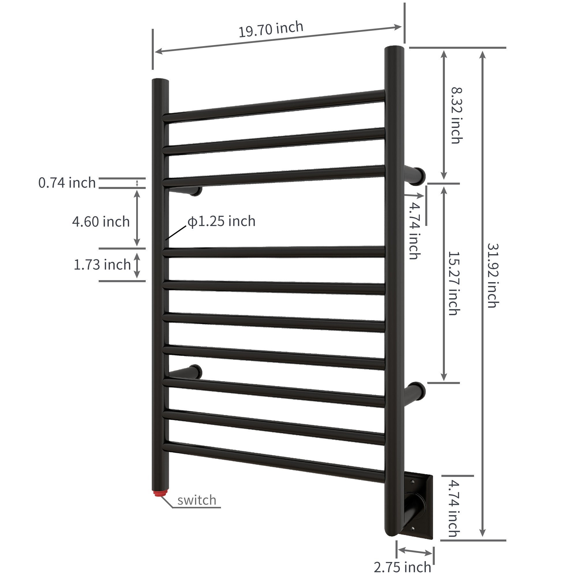 Towel Warmer 10 Straight Bar 20"x32" Wall-Mounted, Hard-Wired Matte Black