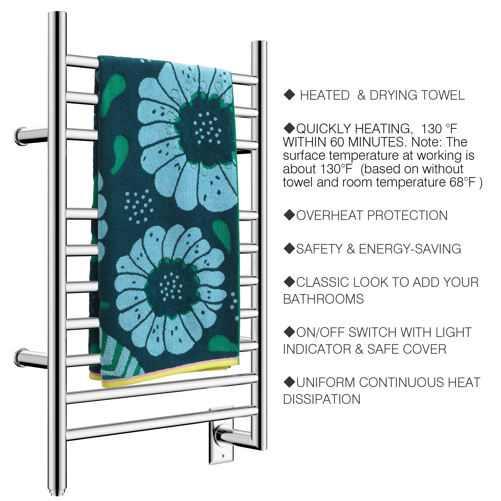 Towel Warmer 10 Straight Bar 20"x32" Wall-Mounted, Hard-Wired Mirror Polish