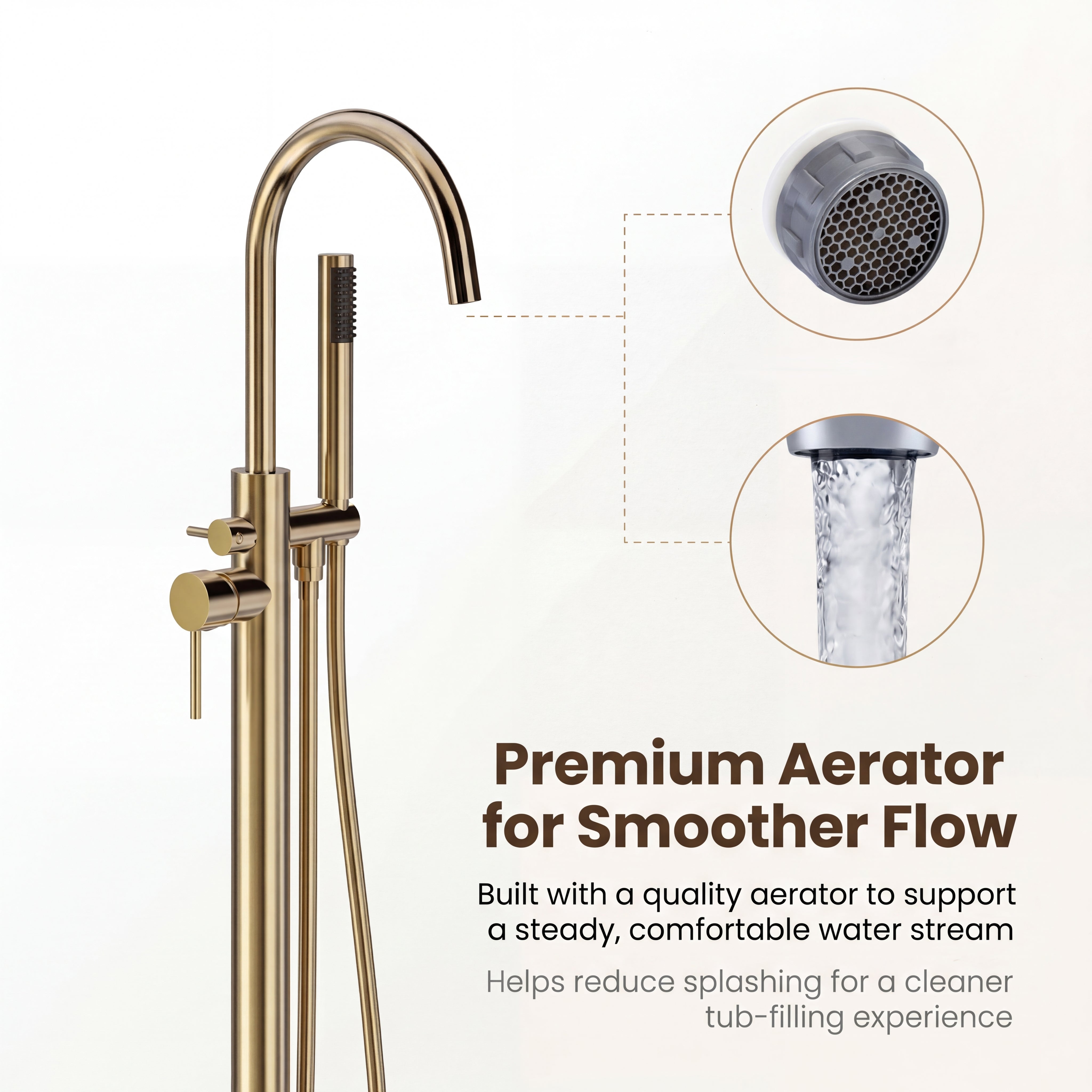 Freestanding Tub Filler with Handheld Shower, Floor Mount Bathtub Faucet, High Flow Tub Faucet with Swivel Gooseneck Spout, Modern Standing Tub Faucet, Brushed Gold