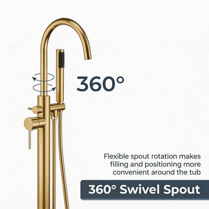 Freestanding Tub Filler with Handheld Shower, Floor Mount Bathtub Faucet, High Flow Tub Faucet with Swivel Gooseneck Spout, Modern Standing Tub Faucet, Brushed Gold