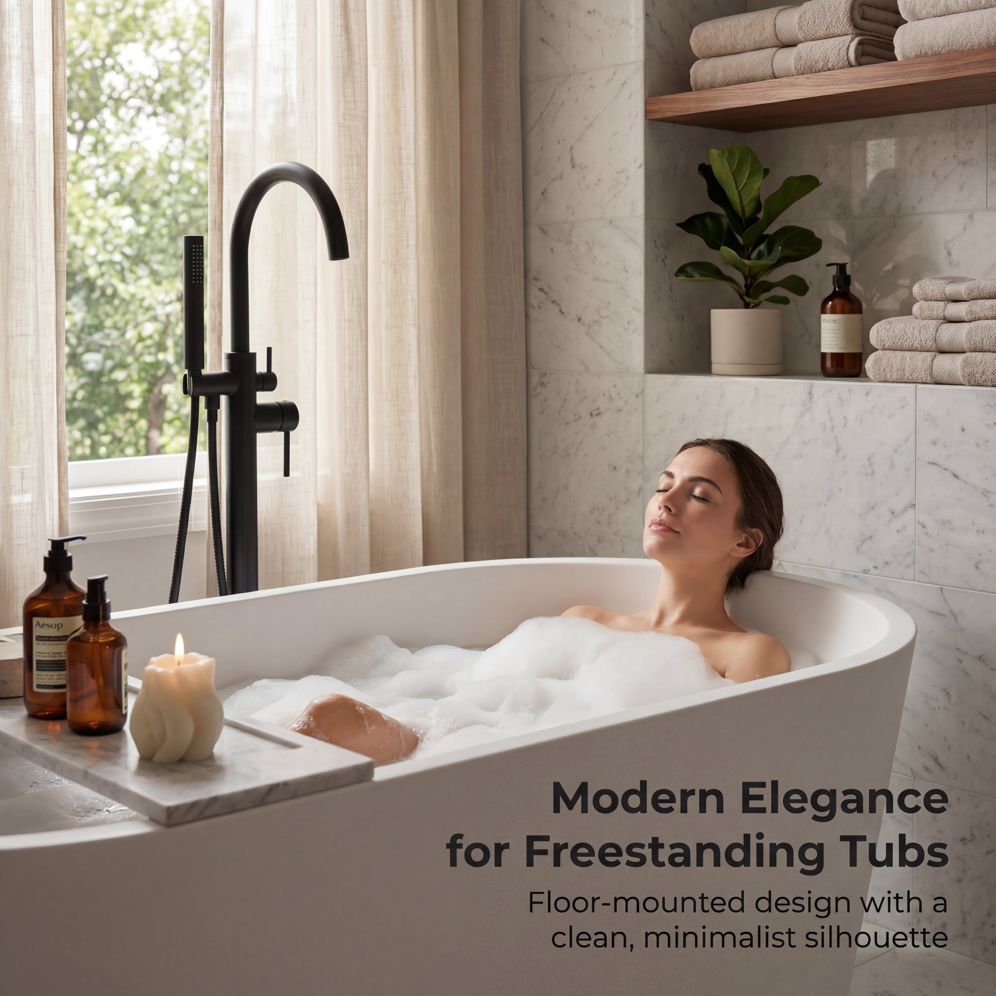 Freestanding Tub Filler with Handheld Shower, Floor Mount Bathtub Faucet, High Flow Tub Faucet with Swivel Gooseneck Spout, Modern Standing Tub Faucet, Matte Black